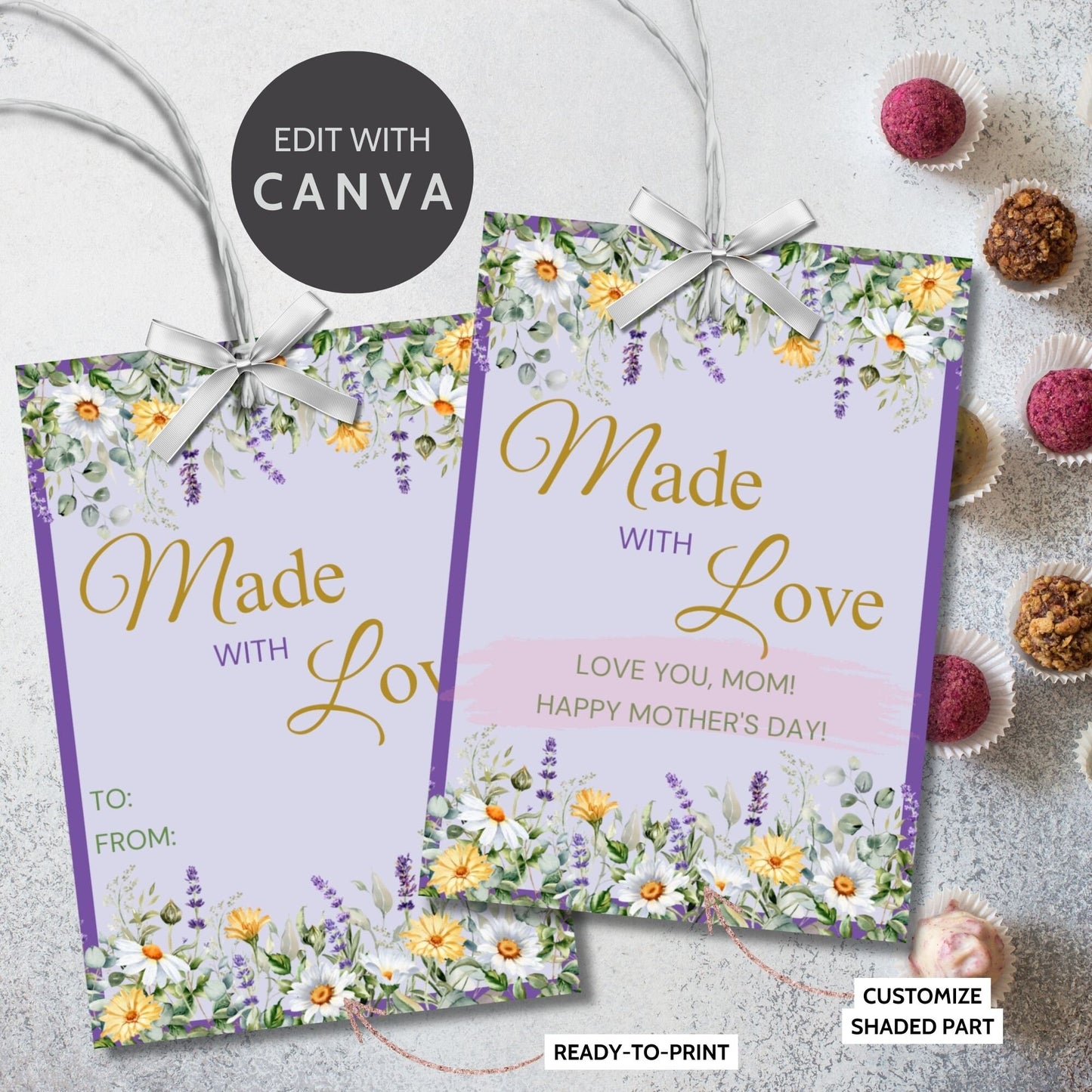 Gift tags with a floral design and the message Made with Love, Love you, Mom! Happy Mother's Day! on a purple background, ideal for Mothers Day and appreciation gifts.