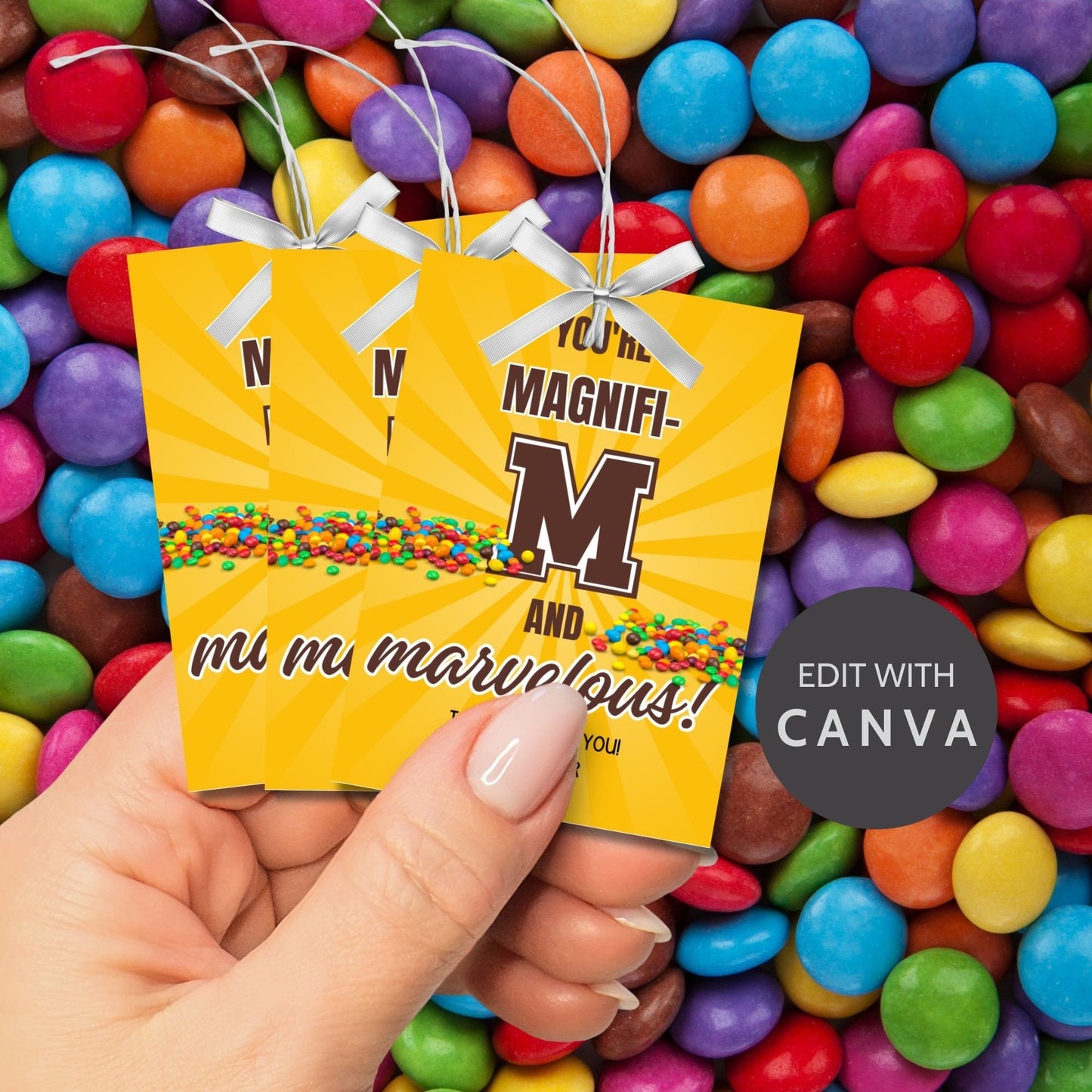 Image showcasing gift tags with YOURE MAGNIFI-M. Tags express gratitude and can be customized with the recipient's name. Perfect for teachers, nurses, staff, and more.
