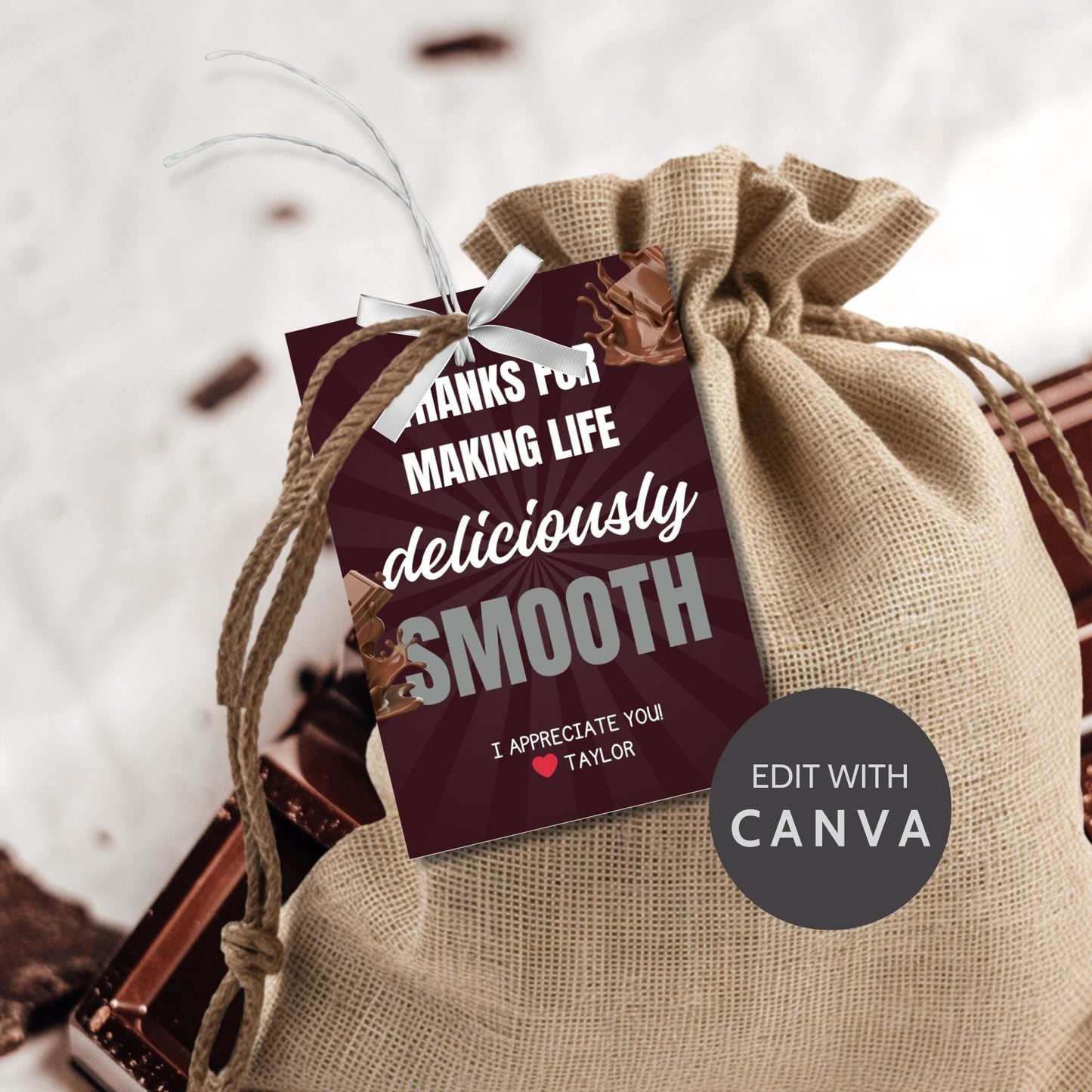 Image showcasing gift tags with THANKS FOR MAKING LIFE deliciously SMOOTH! Tags express gratitude and can be customized with the recipient's name. Ideal for showing appreciation to teachers, staff, nurses, and more.