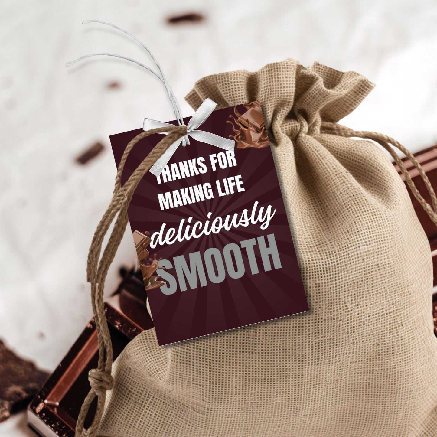 Image showcasing gift tags with THANKS FOR MAKING LIFE deliciously SMOOTH! Tags express gratitude and can be customized with the recipient's name. Ideal for showing appreciation to teachers, staff, nurses, and more.