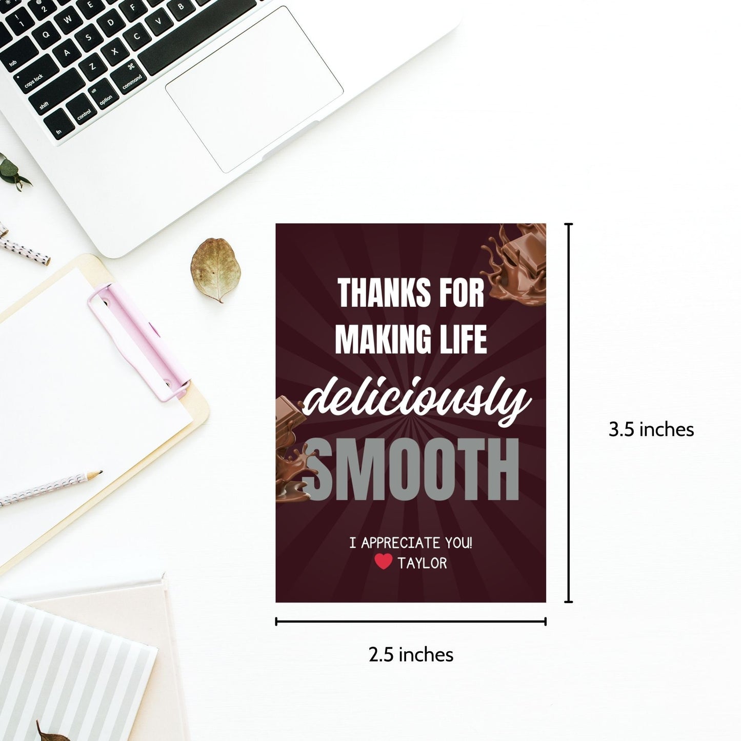 Image showcasing gift tags with THANKS FOR MAKING LIFE deliciously SMOOTH! Tags express gratitude and can be customized with the recipient's name. Ideal for showing appreciation to teachers, staff, nurses, and more.