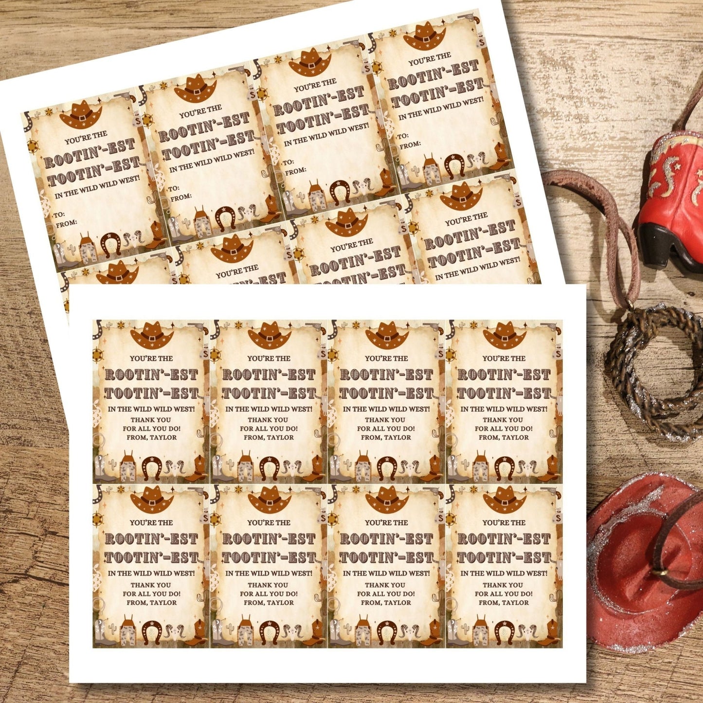 Image featuring YOURE THE ROOTIN-EST TOOTIN-EST IN THE WILD WILD WEST! Tags show gratitude with a Western theme and customizable names. Ideal for appreciation gifts to teachers, staff, and more.