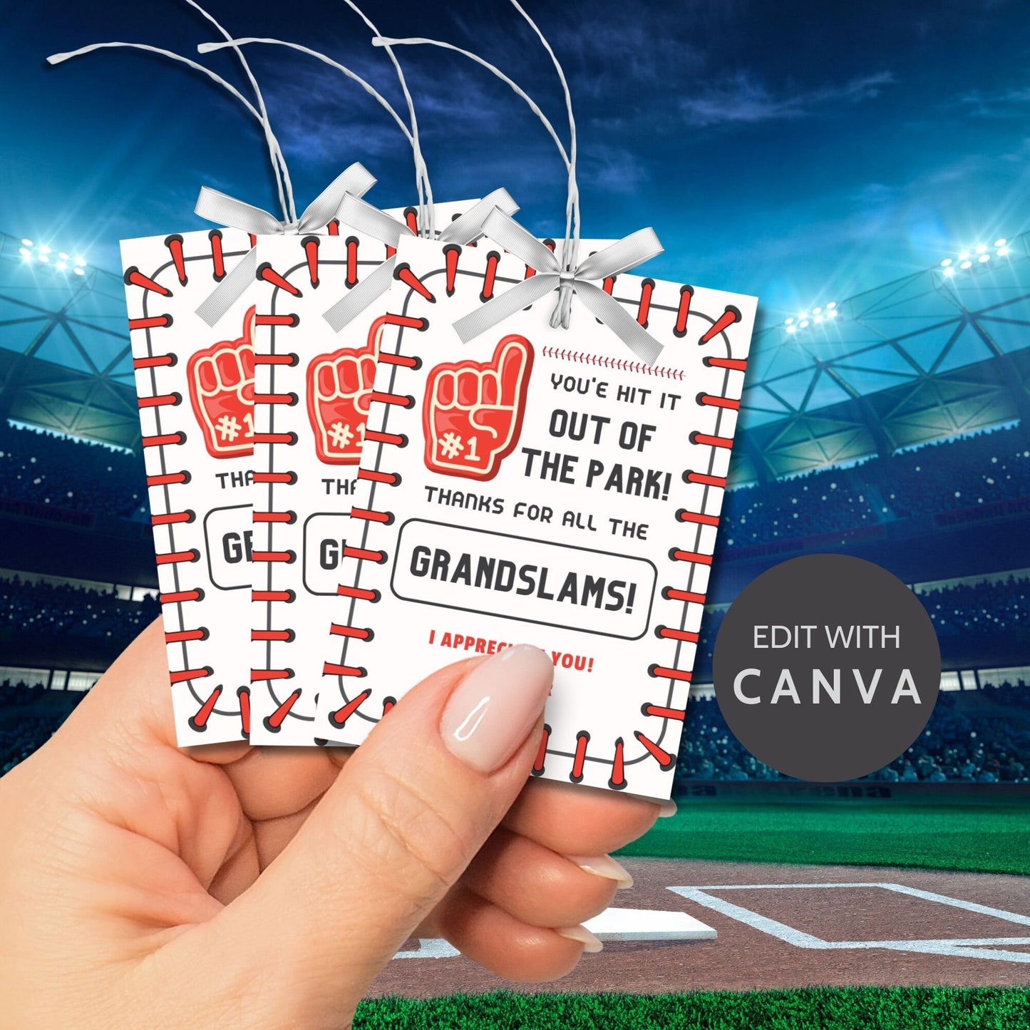 Image showcasing YOUVE HIT IT OUT OF THE PARK! THANKS FOR ALL THE GRANDSLAMS! Tags have customizable names and are perfect for baseball-themed appreciation gifts to teachers, staff, and more.