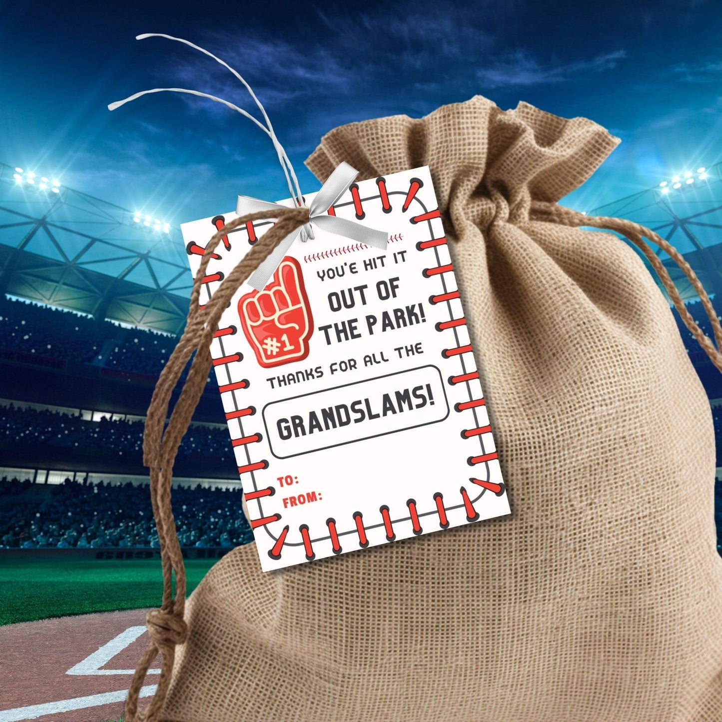 Image showcasing YOUVE HIT IT OUT OF THE PARK! THANKS FOR ALL THE GRANDSLAMS! Tags have customizable names and are perfect for baseball-themed appreciation gifts to teachers, staff, and more.