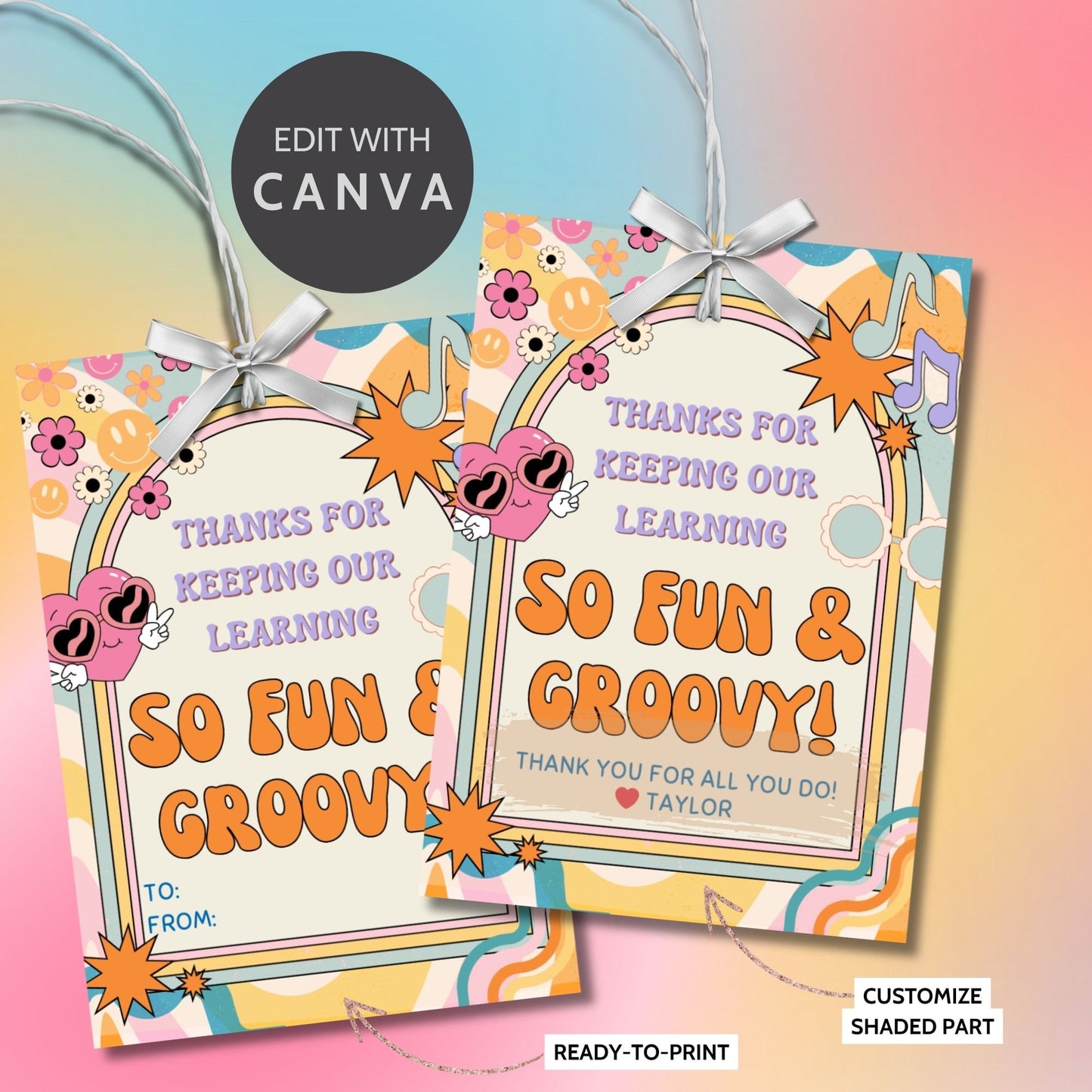 Image featuring THANKS FOR KEEPING OUR LEARNING SO FUN & GROOVY! Tags express gratitude with a colorful retro design and customizable names. Ideal for appreciation gifts to teachers, staff, nurses, and more.