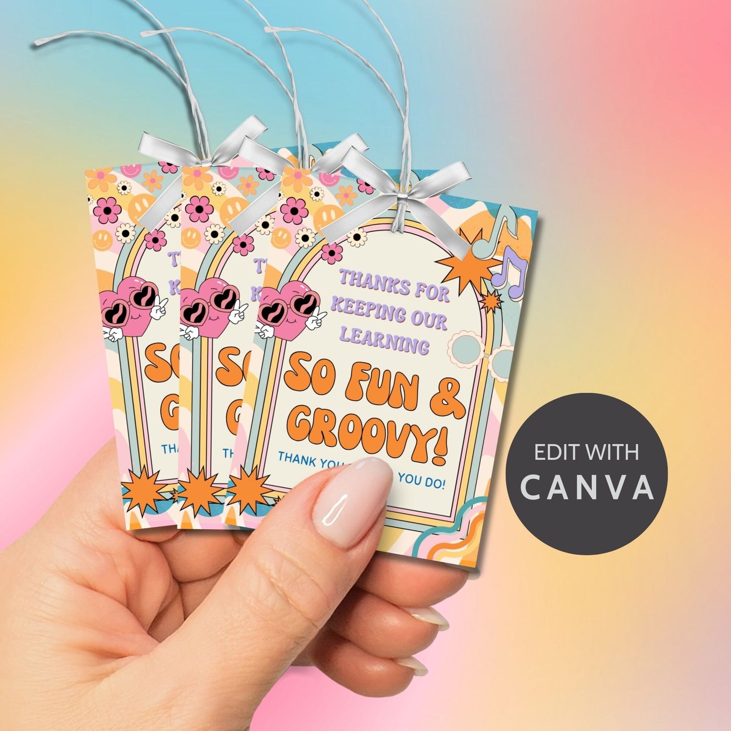 Image featuring THANKS FOR KEEPING OUR LEARNING SO FUN & GROOVY! Tags express gratitude with a colorful retro design and customizable names. Ideal for appreciation gifts to teachers, staff, nurses, and more.