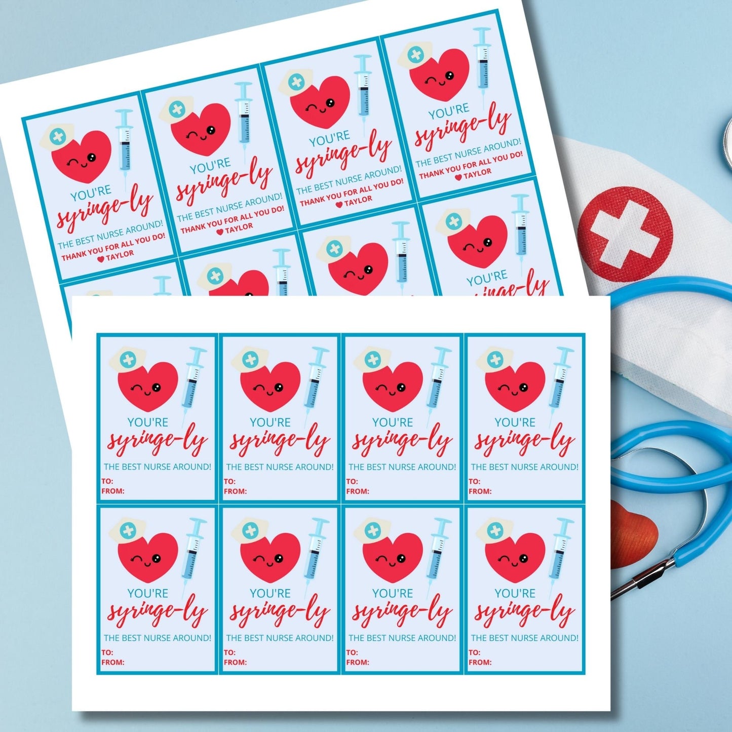 A set of eight cute appreciation gift tags for nurses featuring a winking heart wearing a nurse's cap and a syringe illustration. You're syringe-ly the best nurse around!