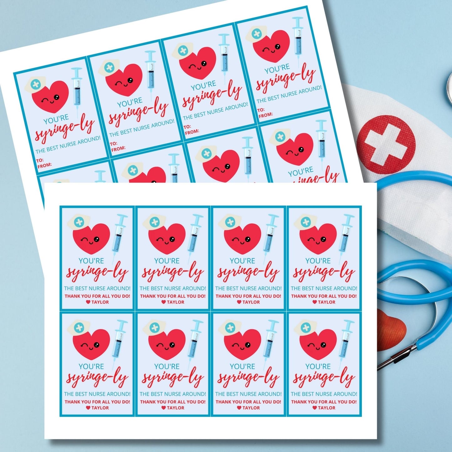 A set of eight cute appreciation gift tags for nurses featuring a winking heart wearing a nurse's cap and a syringe illustration. You're syringe-ly the best nurse around!