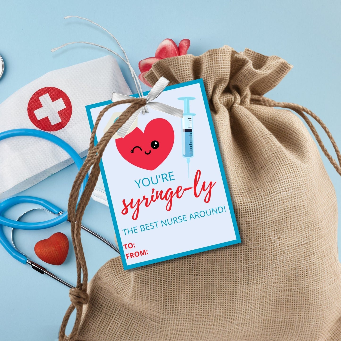 A set of eight cute appreciation gift tags for nurses featuring a winking heart wearing a nurse's cap and a syringe illustration. You're syringe-ly the best nurse around!