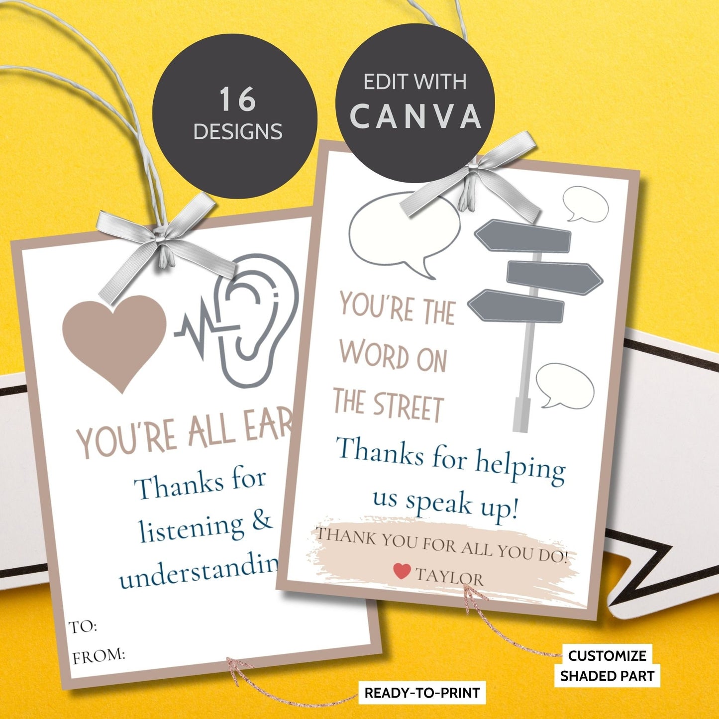 Speech pathologist appreciation gift tags featuring witty puns like Youre the accent to our success and For making speech phon-omenal. Buyers receive two PDF files: a ready-to-print set and an editable Canva template for personalization.