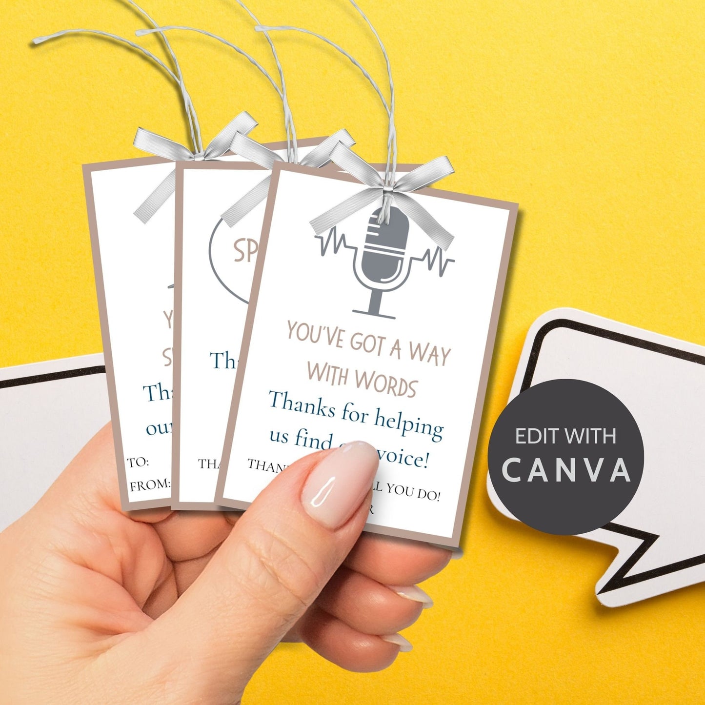 Speech pathologist appreciation gift tags featuring witty puns like Youre the accent to our success and For making speech phon-omenal. Buyers receive two PDF files: a ready-to-print set and an editable Canva template for personalization.