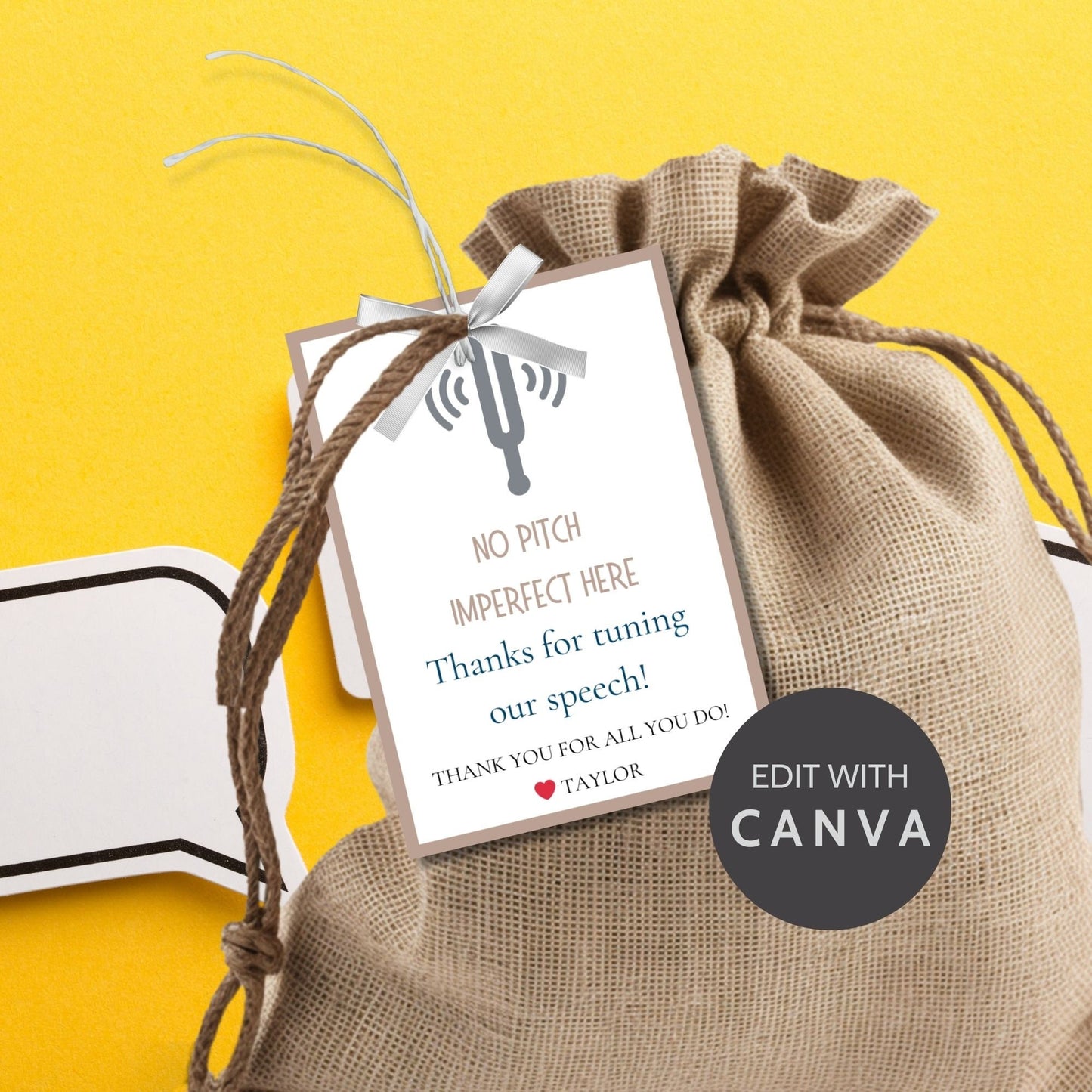 Speech pathologist appreciation gift tags featuring witty puns like Youre the accent to our success and For making speech phon-omenal. Buyers receive two PDF files: a ready-to-print set and an editable Canva template for personalization.