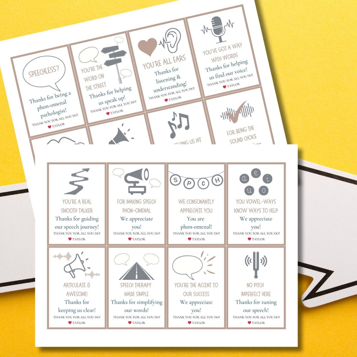 Speech pathologist appreciation gift tags featuring witty puns like Youre the accent to our success and For making speech phon-omenal. Buyers receive two PDF files: a ready-to-print set and an editable Canva template for personalization.