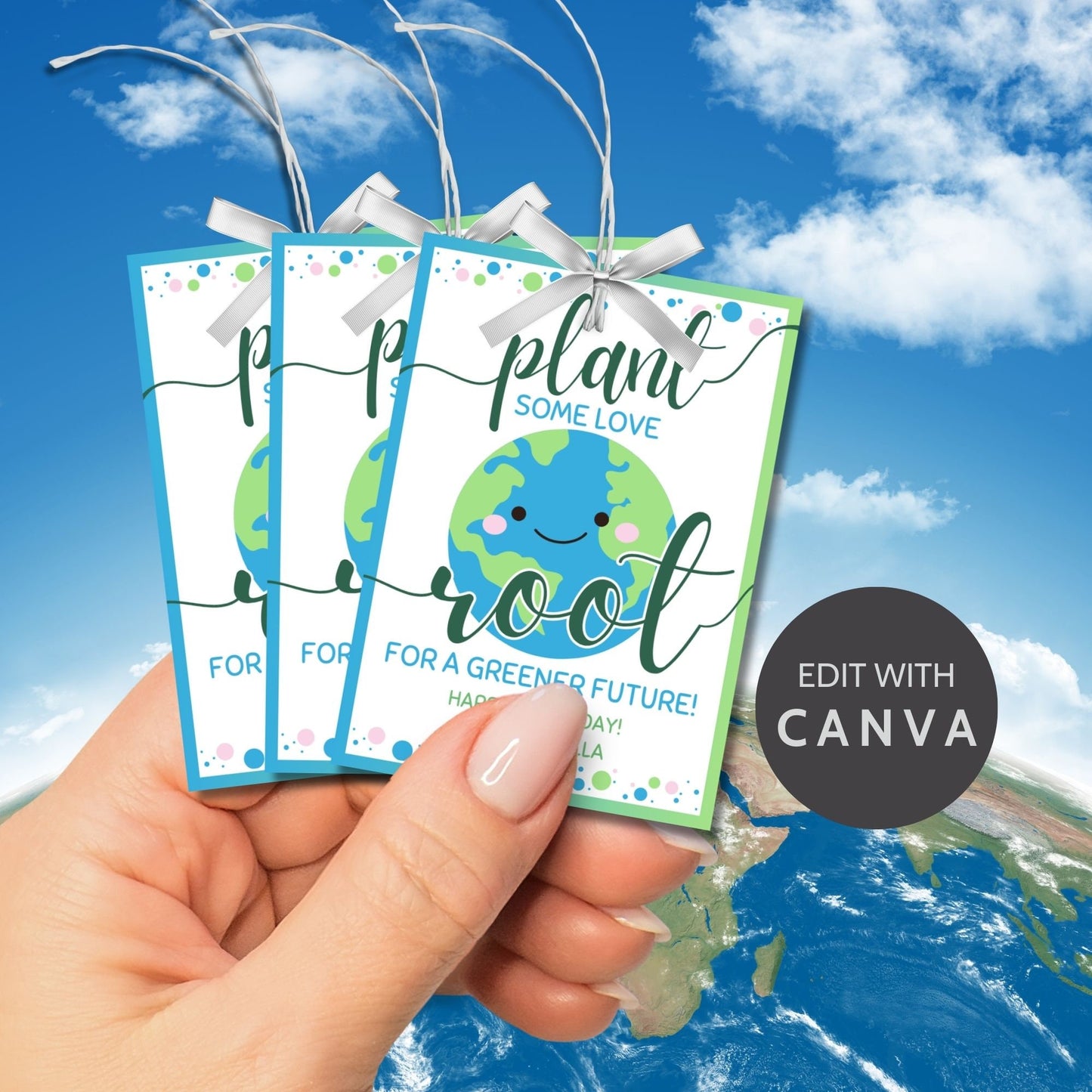 A set of eight colorful gift tags with a smiling Earth, text Plant some love, root for a greener future! Happy Earth Day! From, Isabella and decorative dots.