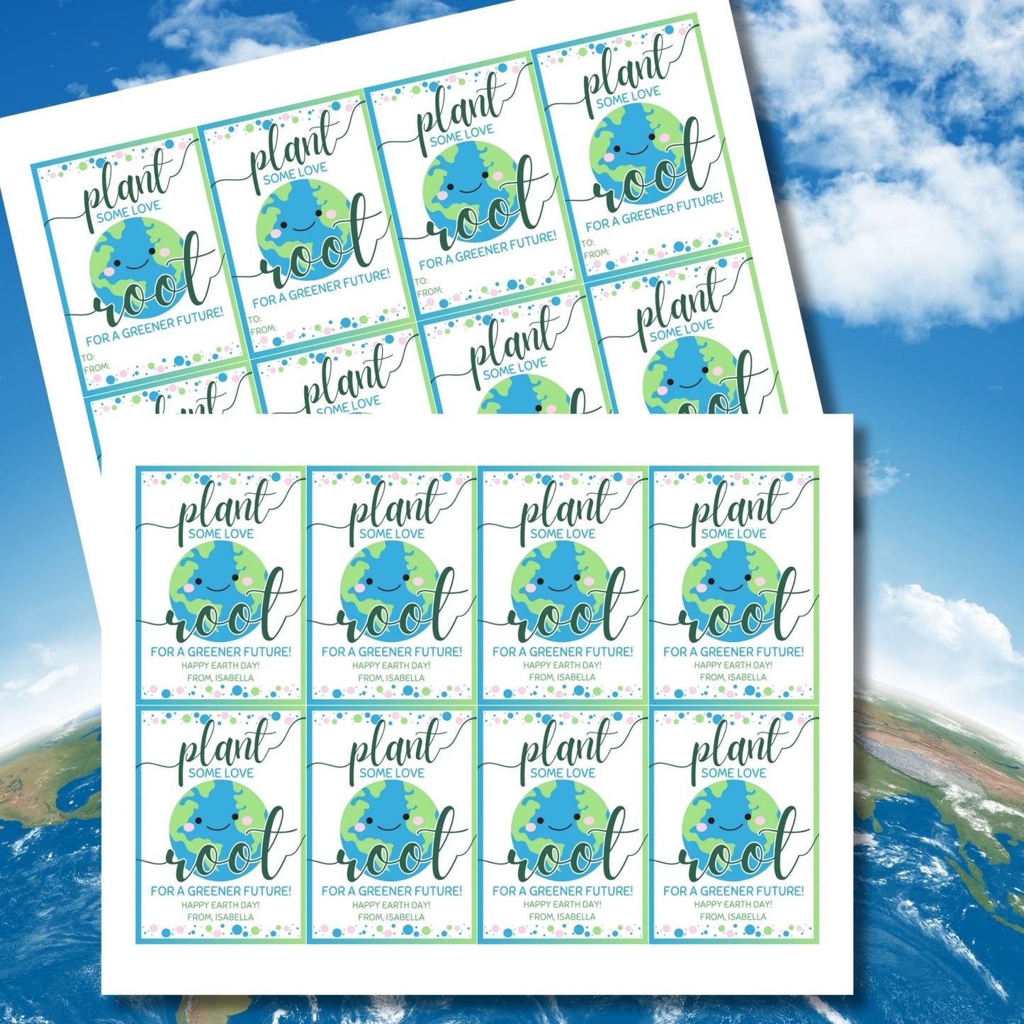 A set of eight colorful gift tags with a smiling Earth, text Plant some love, root for a greener future! Happy Earth Day! From, Isabella and decorative dots.