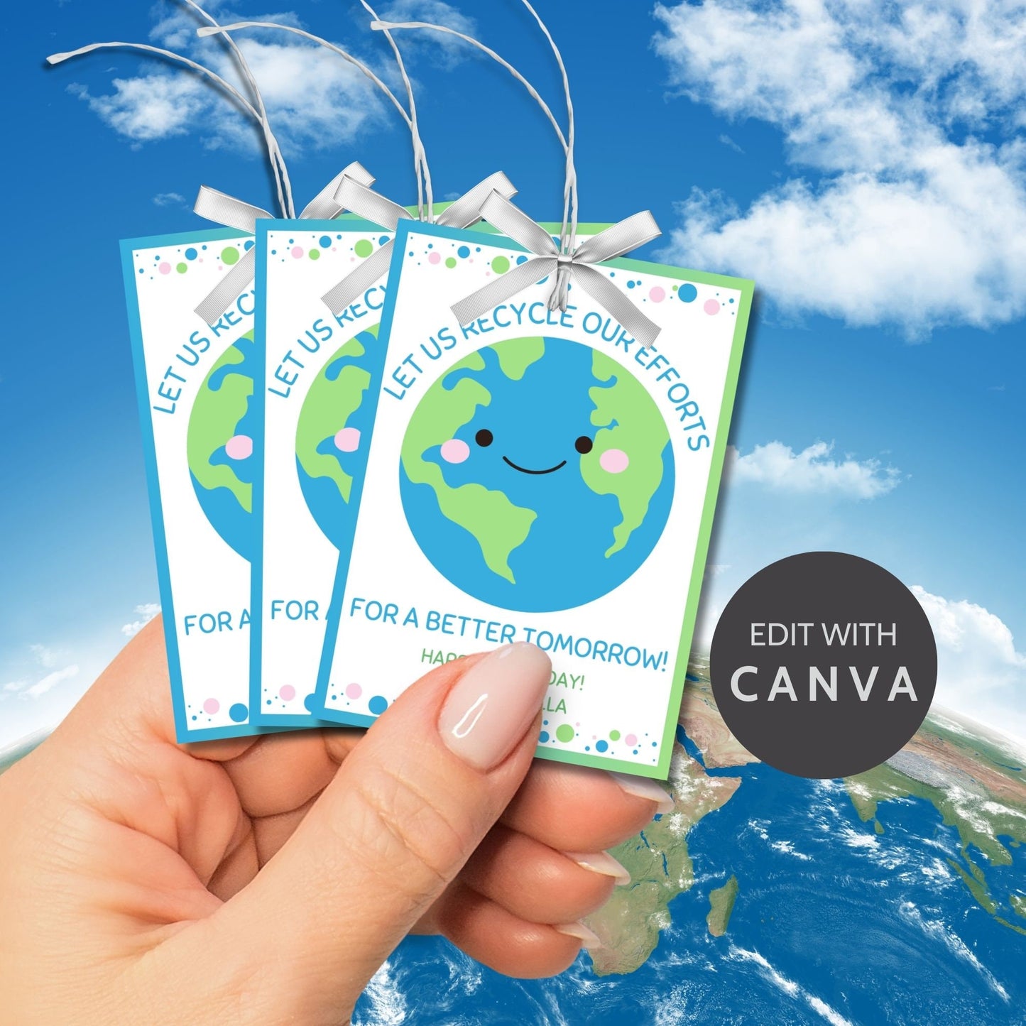 A set of eight colorful gift tags with a smiling Earth, text Let us recycle our efforts! Happy Earth Day! From, Isabella and decorative dots.