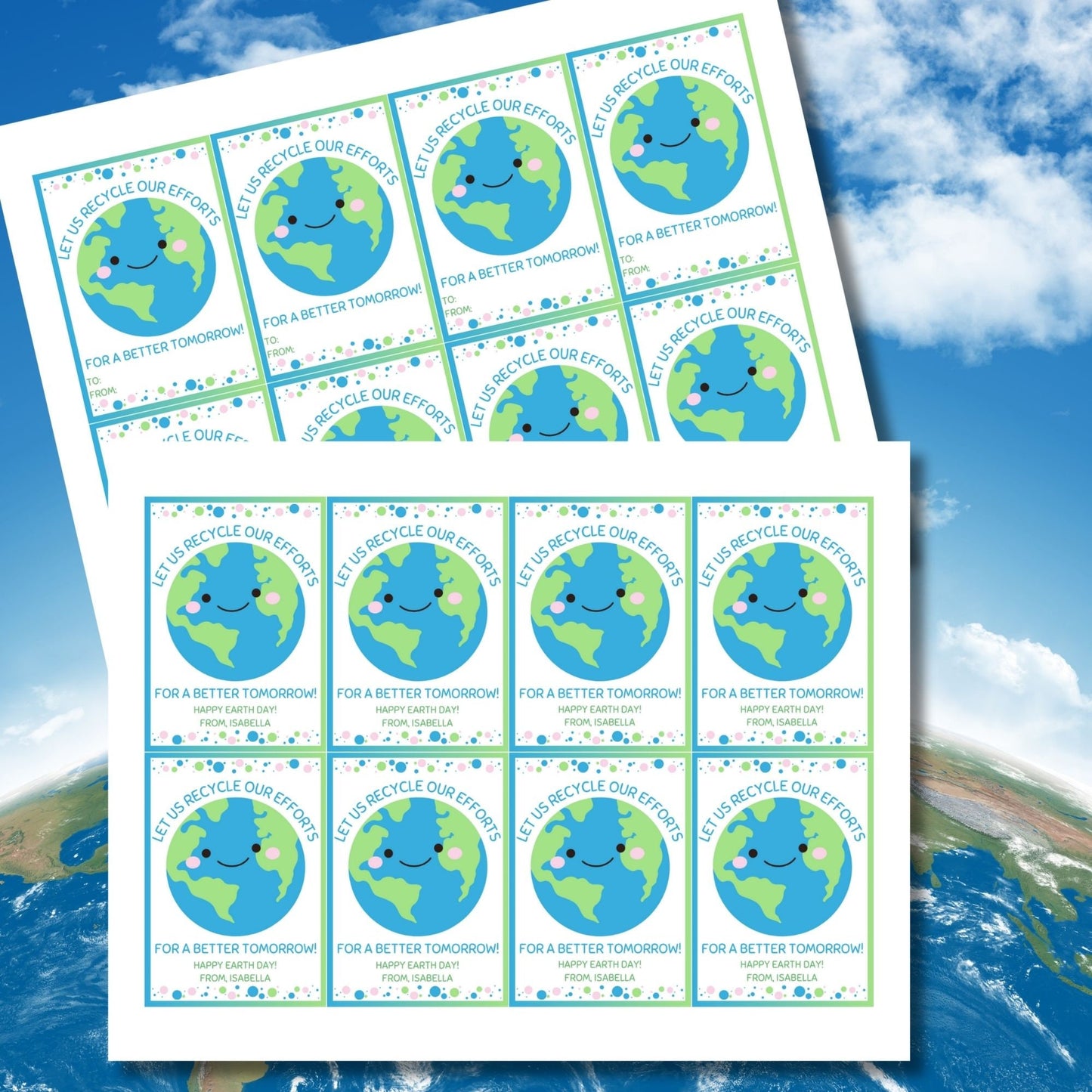 A set of eight colorful gift tags with a smiling Earth, text Let us recycle our efforts! Happy Earth Day! From, Isabella and decorative dots.