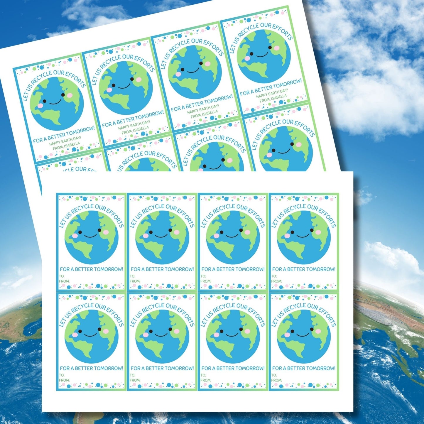 A set of eight colorful gift tags with a smiling Earth, text Let us recycle our efforts! Happy Earth Day! From, Isabella and decorative dots.