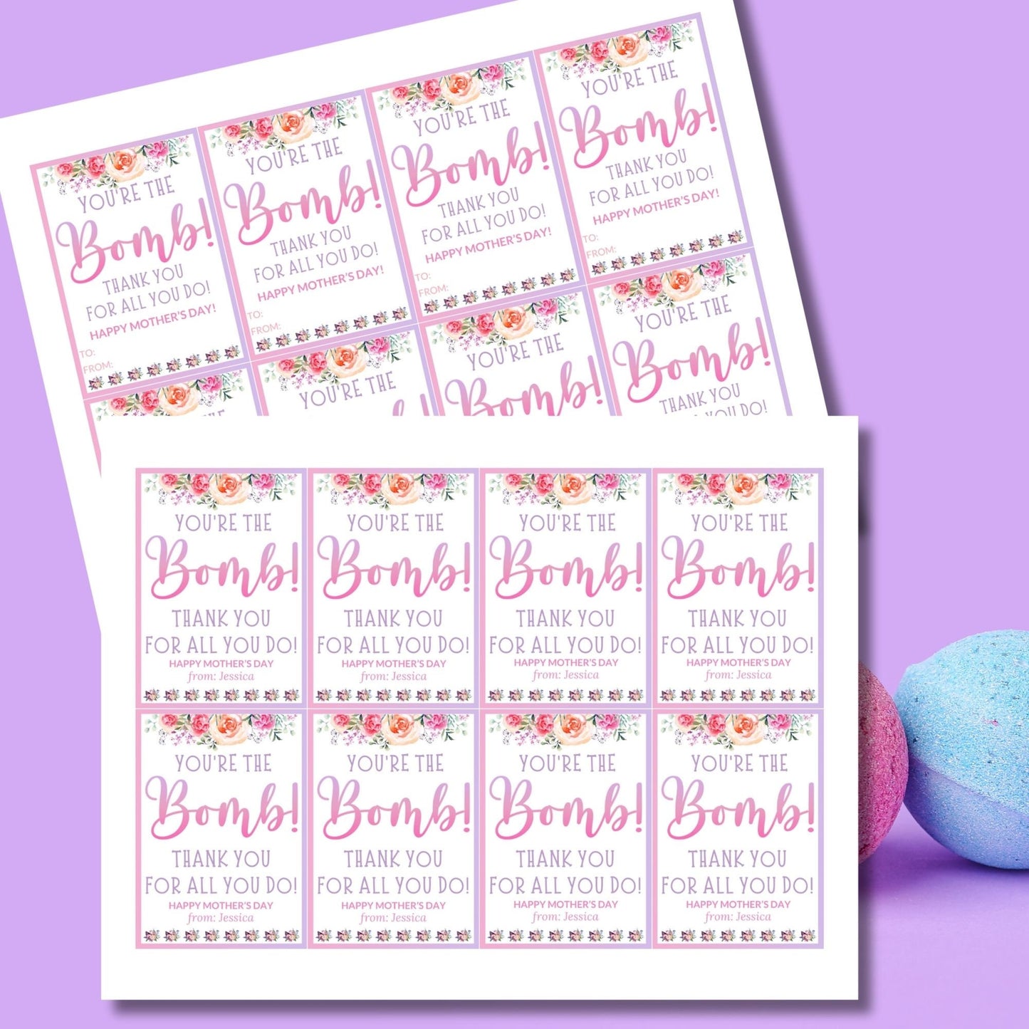 Gift tags for bath bombs or chocolate bombs with the message Youre the Bomb! Thank you for all you do! Happy Mother's Day surrounded by floral accents on a pink and white background.