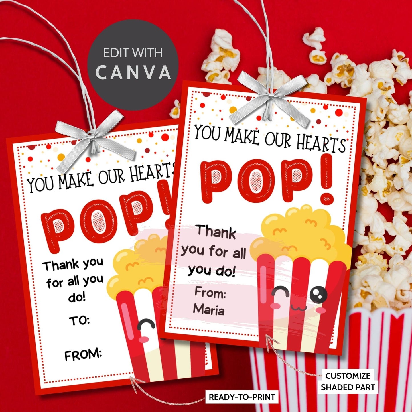 Colorful popcorn-themed You Make Our Hearts POP! gift tags, ready to print with editable name field for personalized appreciation messages.