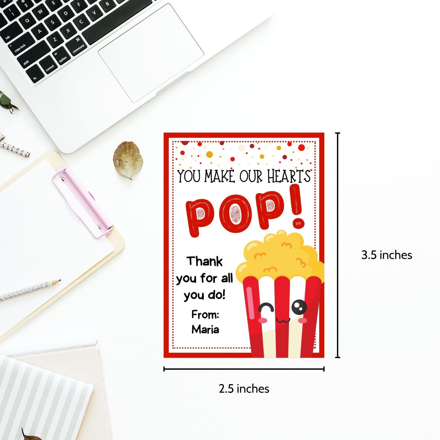 Colorful popcorn-themed You Make Our Hearts POP! gift tags, ready to print with editable name field for personalized appreciation messages.