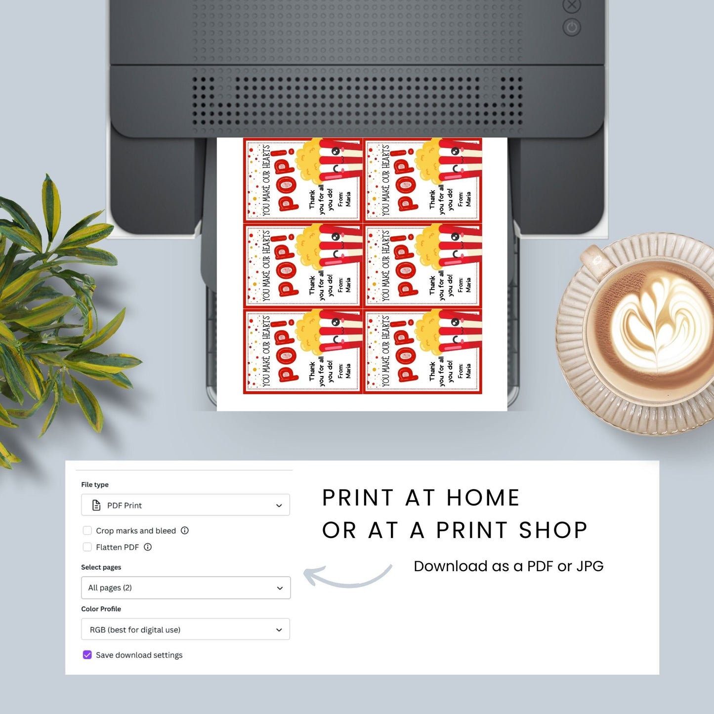 Colorful popcorn-themed You Make Our Hearts POP! gift tags, ready to print with editable name field for personalized appreciation messages.