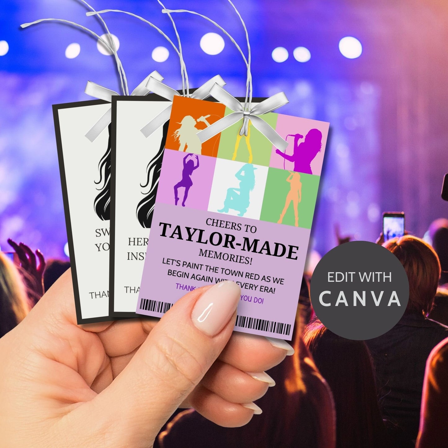 Musical era-inspired printable gift tags with Thank you messages, editable for personalization, perfect for fans and friends.