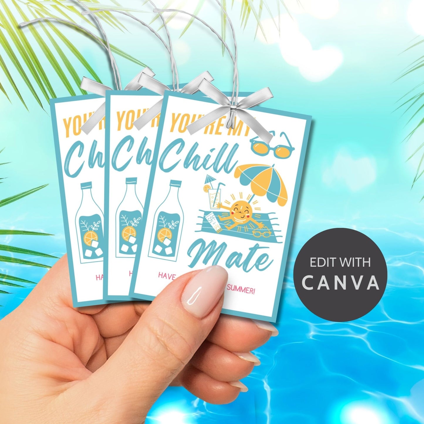 Bright summer gift tags featuring sunglasses, a smiling sun, and a cool drink, with the text Youre My Chill Mate, Have a Fun-tastic Summer! Personalize with names.