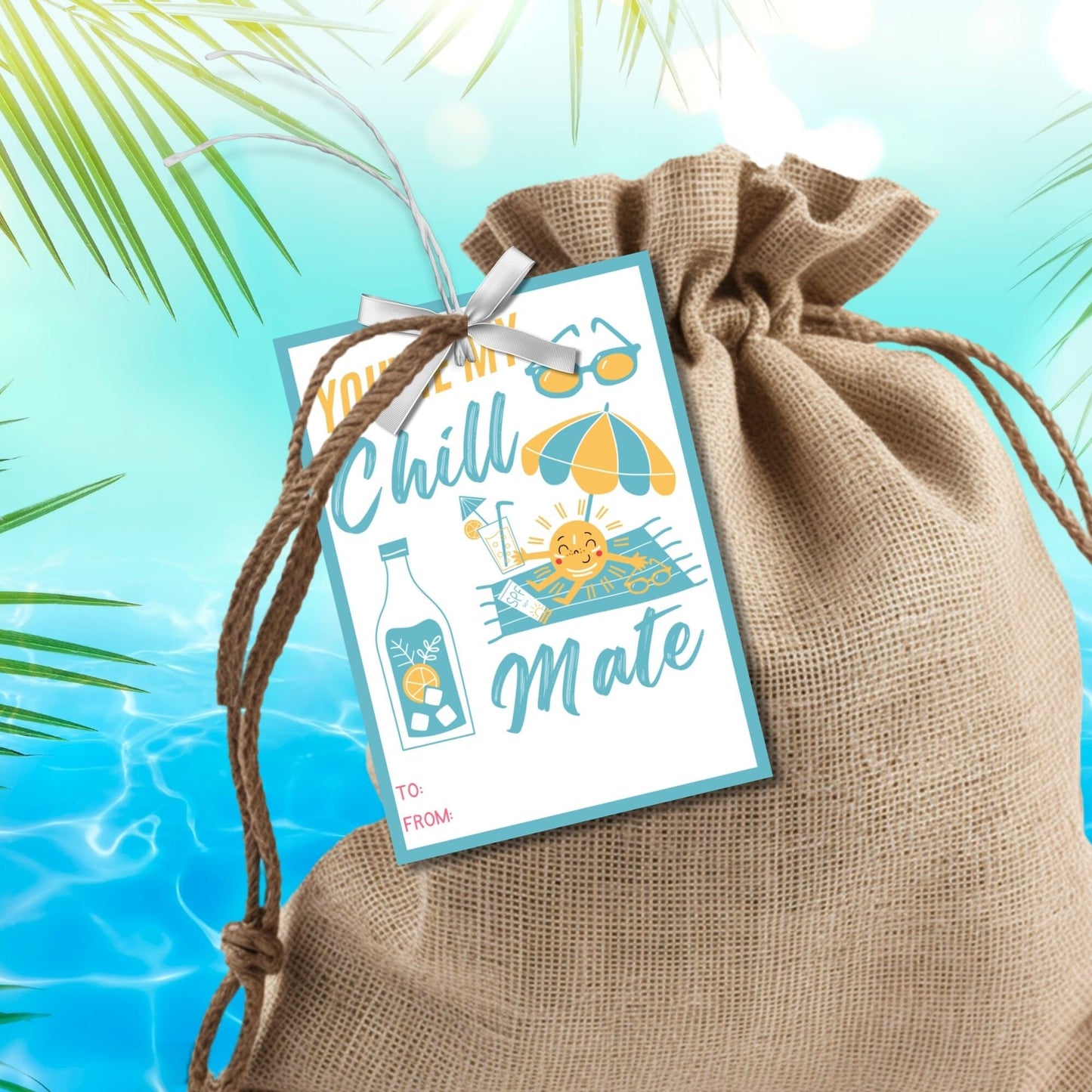 Bright summer gift tags featuring sunglasses, a smiling sun, and a cool drink, with the text Youre My Chill Mate, Have a Fun-tastic Summer! Personalize with names.