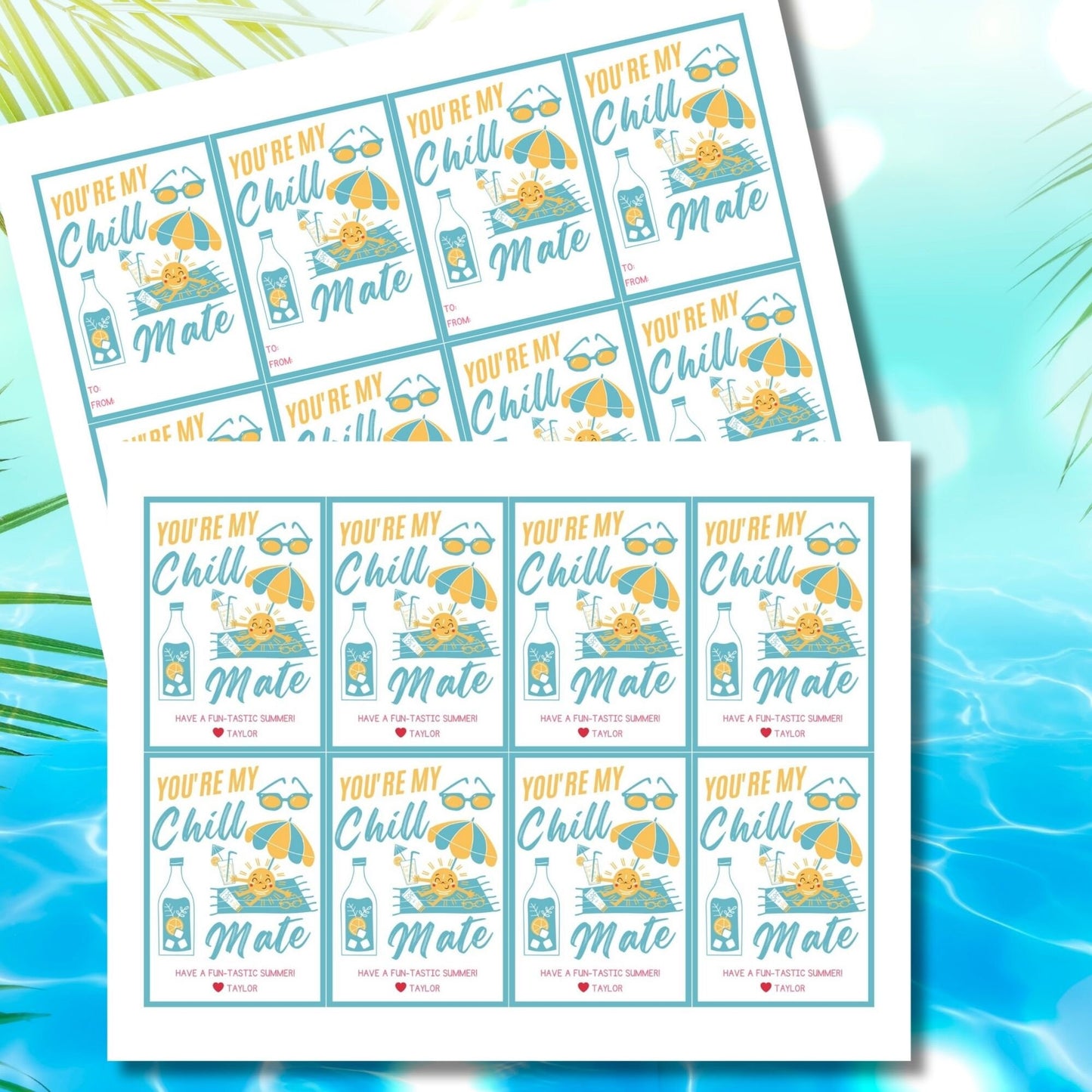 Bright summer gift tags featuring sunglasses, a smiling sun, and a cool drink, with the text Youre My Chill Mate, Have a Fun-tastic Summer! Personalize with names.