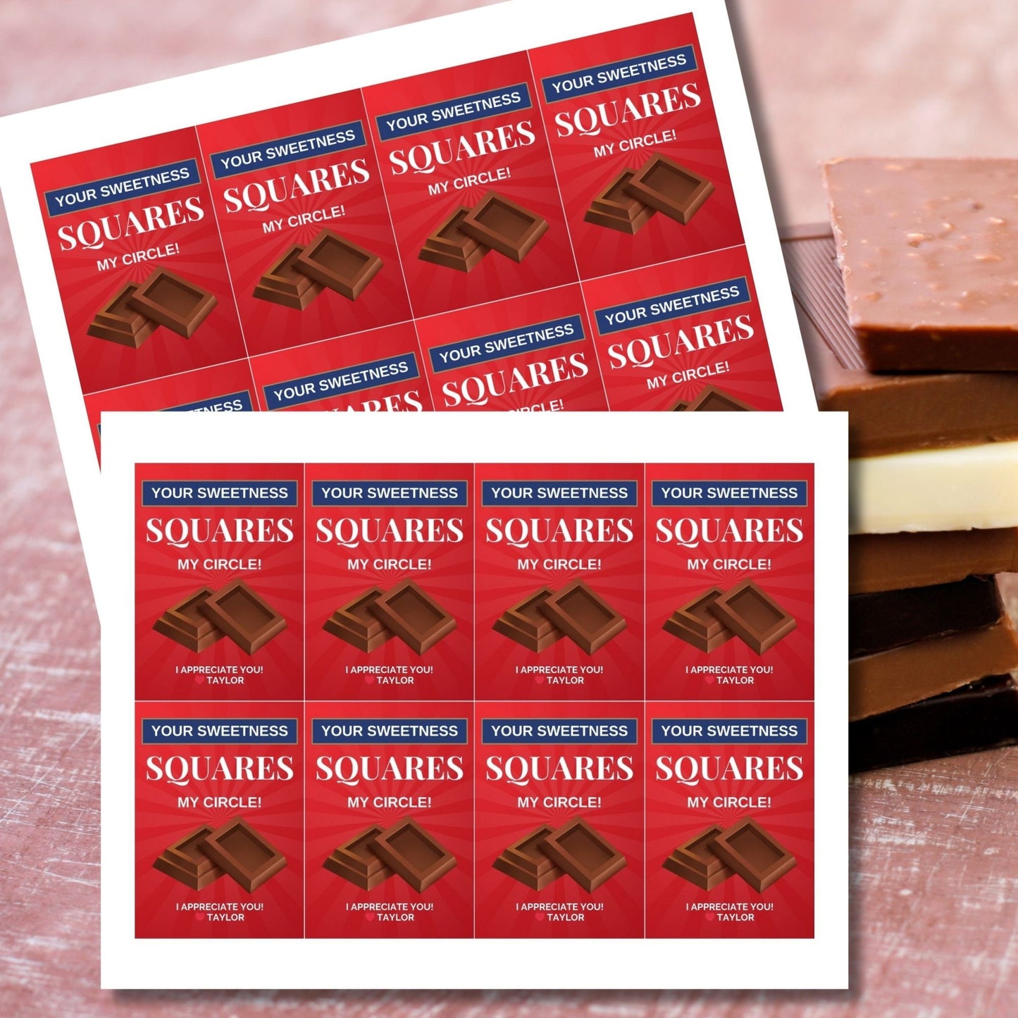 Red Your Sweetness Squares My Circlebgift tags, ideal for chocolate treats, with editable name field, in a downloadable PDF format.