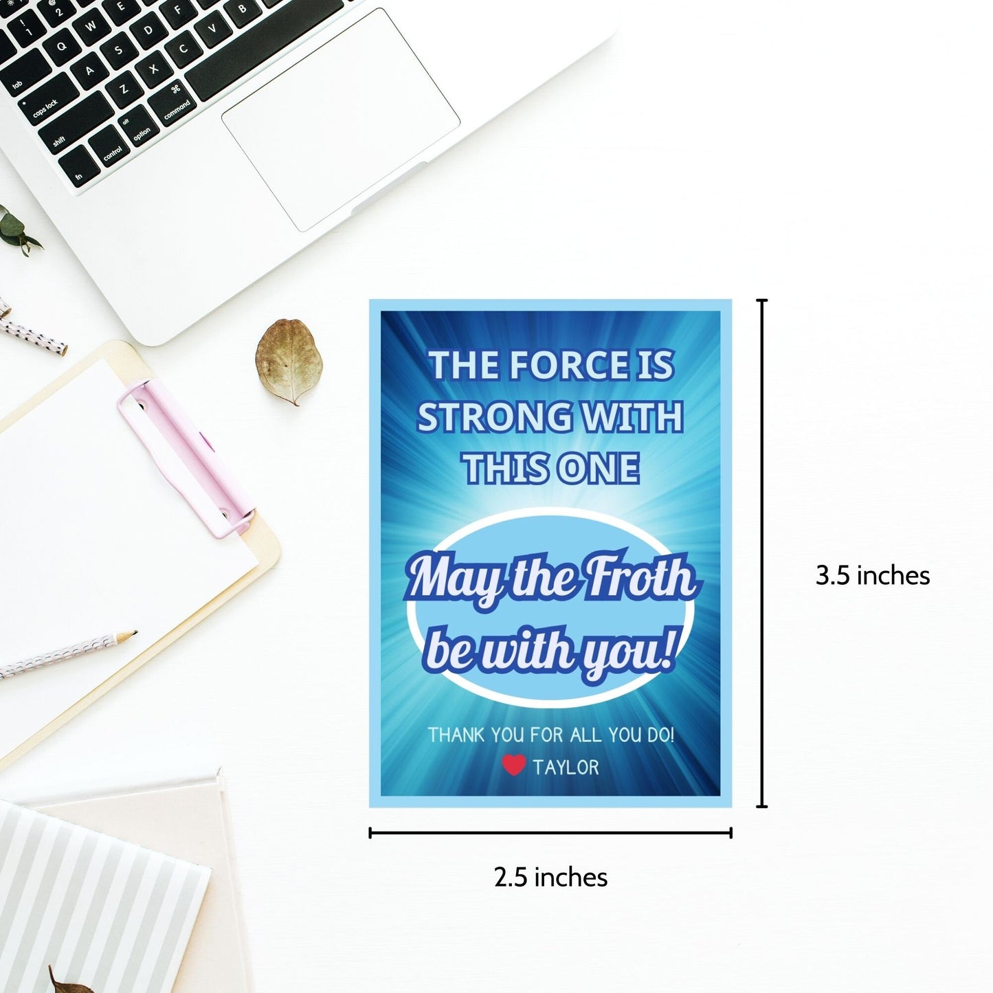 Digital gift tags featuring May the Froth be with you! and The force is strong with this one in blue hues with space theme.