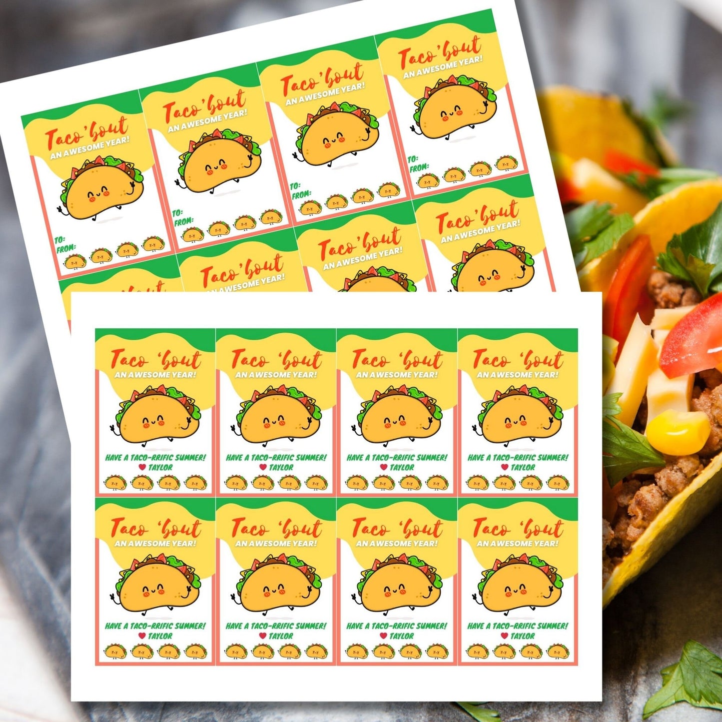 Cheerful summer gift tags featuring a smiling taco, with the text Taco Bout an Awesome Year! Have a Taco-riffic Summer! Personalize with names.