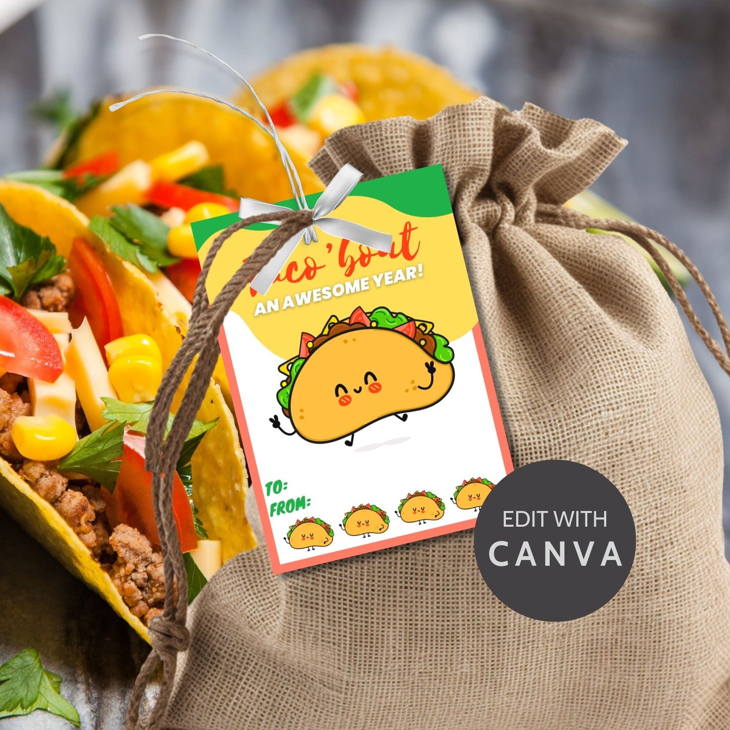 Cheerful summer gift tags featuring a smiling taco, with the text Taco Bout an Awesome Year! Have a Taco-riffic Summer! Personalize with names.