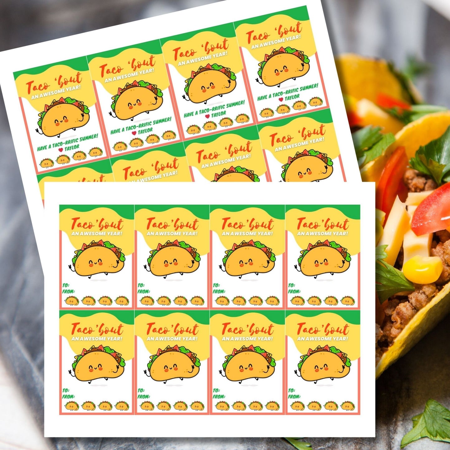 Cheerful summer gift tags featuring a smiling taco, with the text Taco Bout an Awesome Year! Have a Taco-riffic Summer! Personalize with names.
