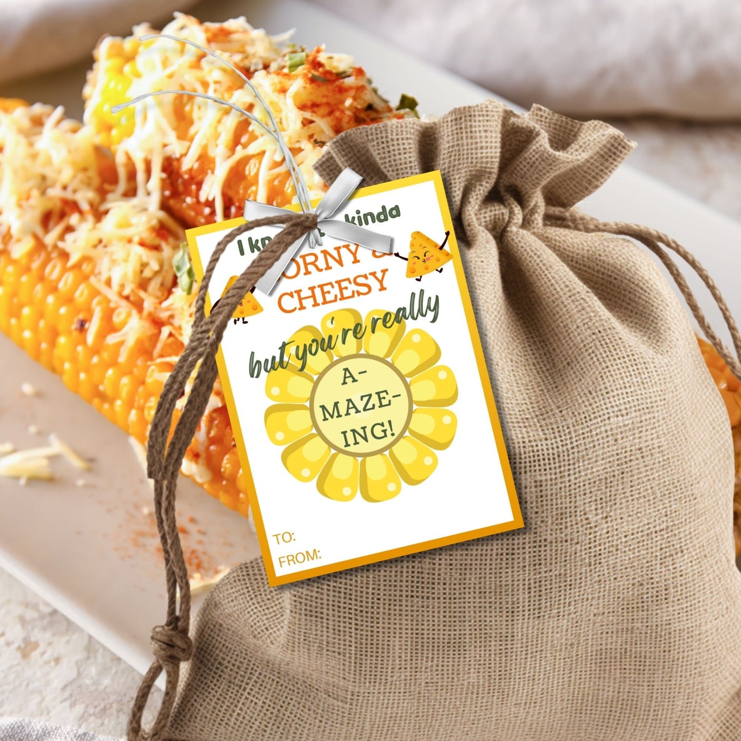 Bright yellow summer gift tags featuring a cheese wheel maze, with playful text I know it's kinda corny & cheesy but you're really a-maze-ing! Have a maze-ical summer! Personalize with names.