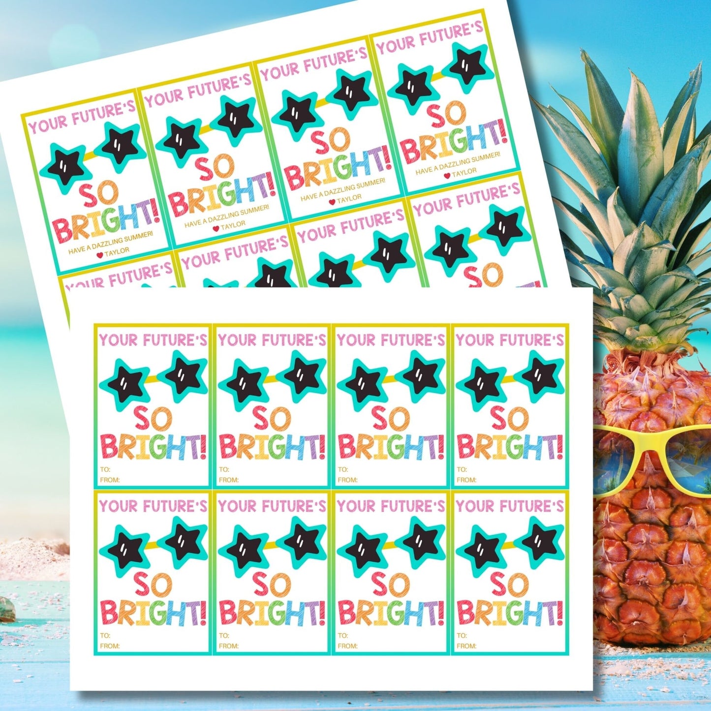 Colorful summer gift tags with a star motif and vibrant text reading Your Futures So Bright! Have a Dazzling Summer! Personalize with names.