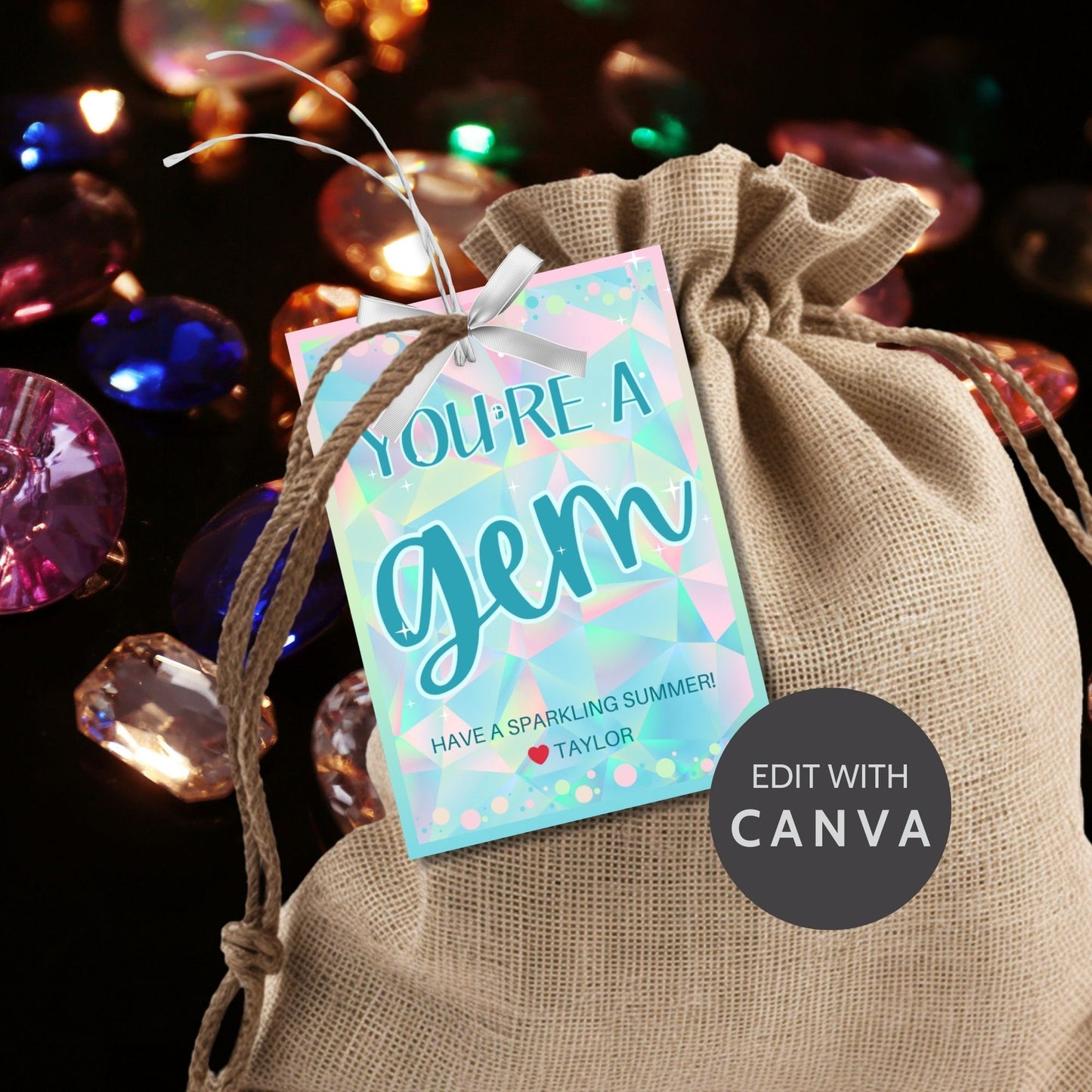 Shimmering summer gift tags featuring a gemstone design with pastel colors, text reads Youre a Gem! Have a Sparkling Summer! Personalize with names.