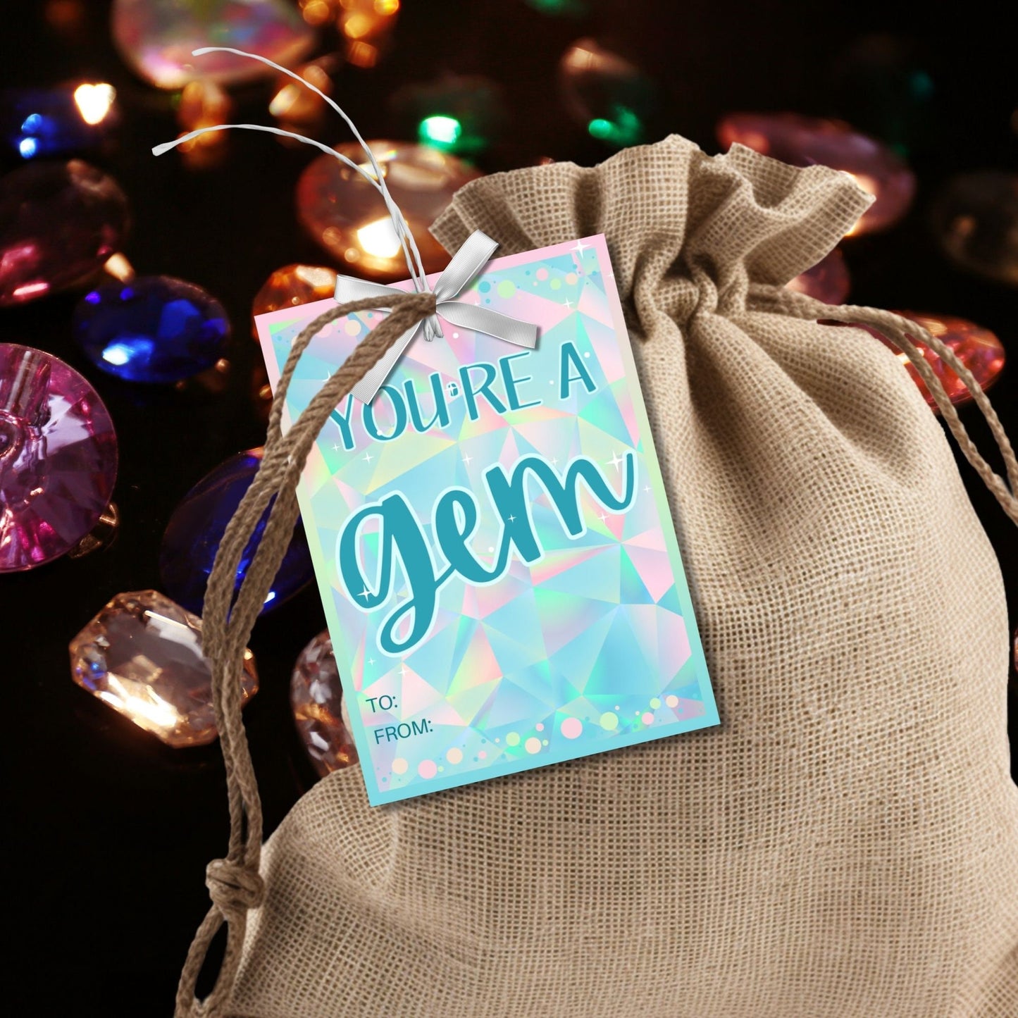 Shimmering summer gift tags featuring a gemstone design with pastel colors, text reads Youre a Gem! Have a Sparkling Summer! Personalize with names.