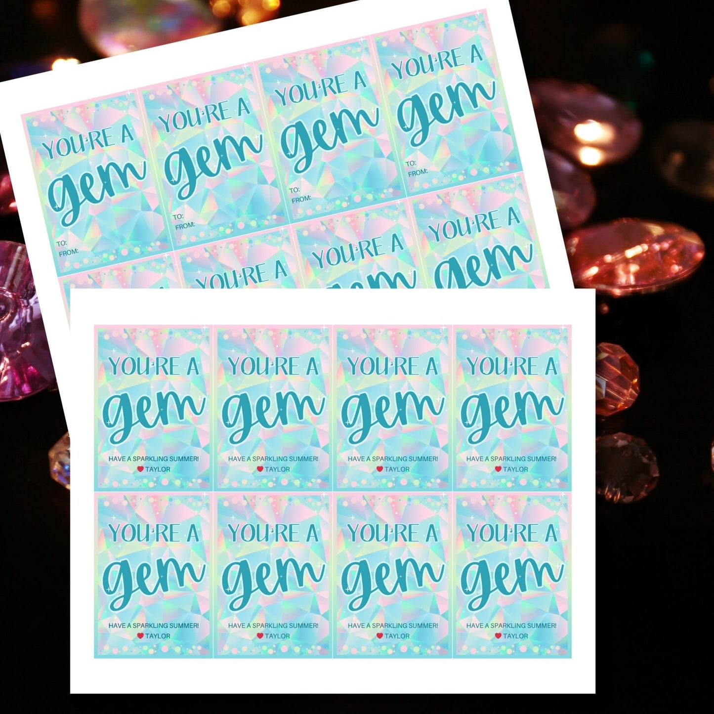 Shimmering summer gift tags featuring a gemstone design with pastel colors, text reads Youre a Gem! Have a Sparkling Summer! Personalize with names.