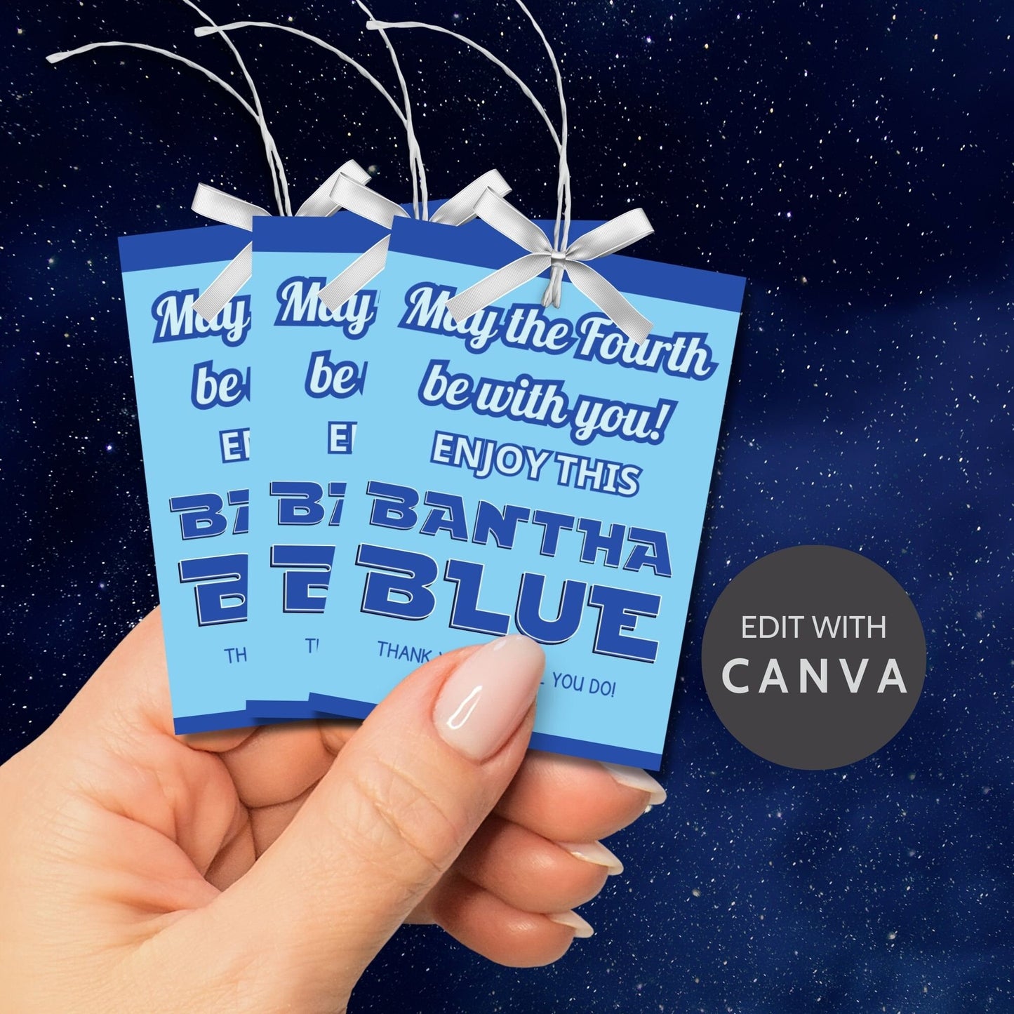 Digital gift tags featuring Bantha Blue greetings in blue hues with space theme.