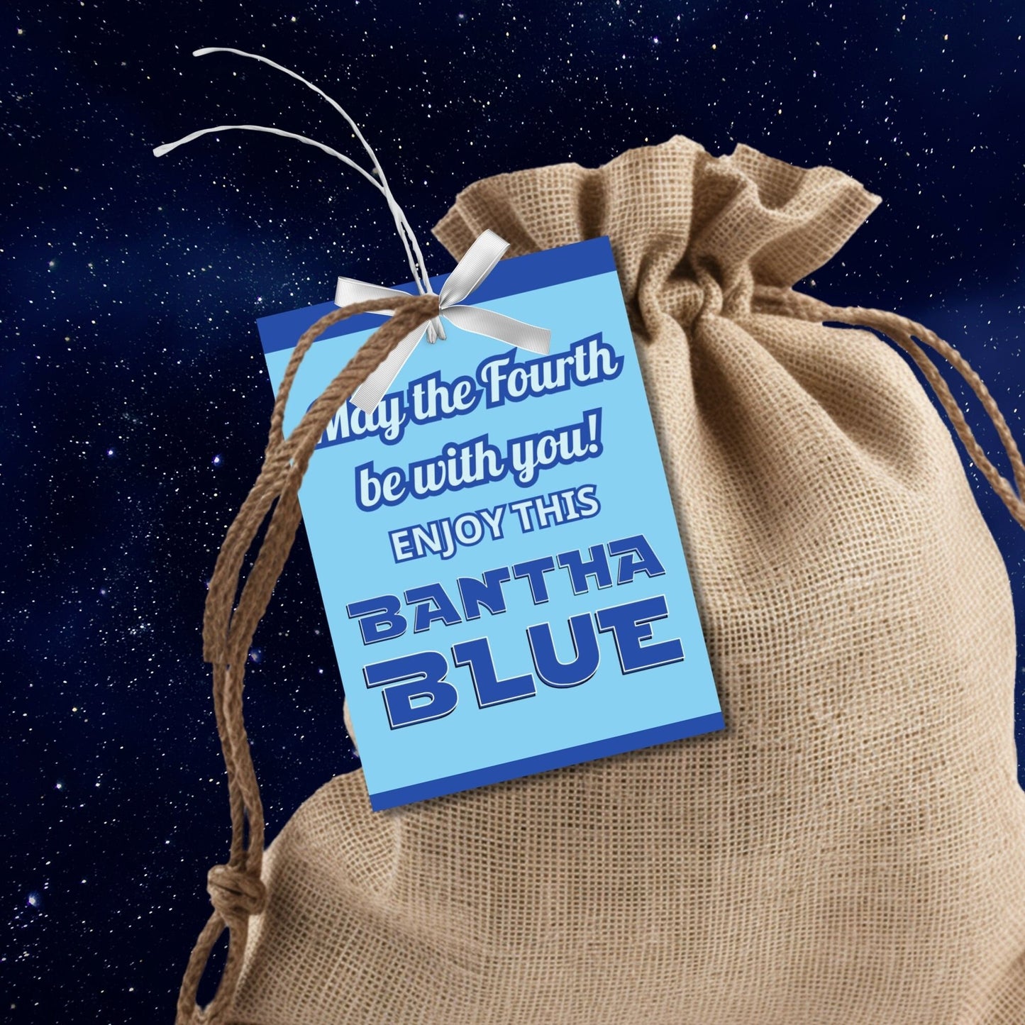 Digital gift tags featuring Bantha Blue greetings in blue hues with space theme.