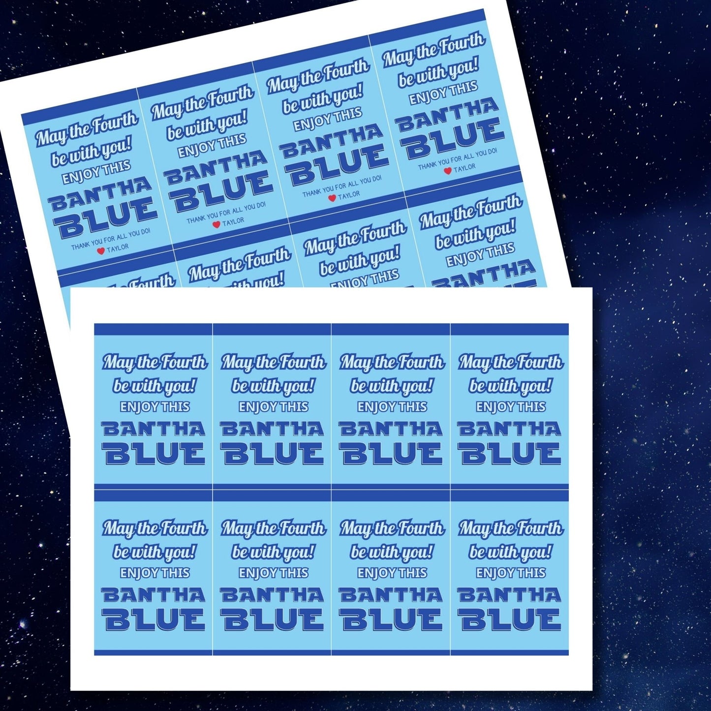Digital gift tags featuring Bantha Blue greetings in blue hues with space theme.