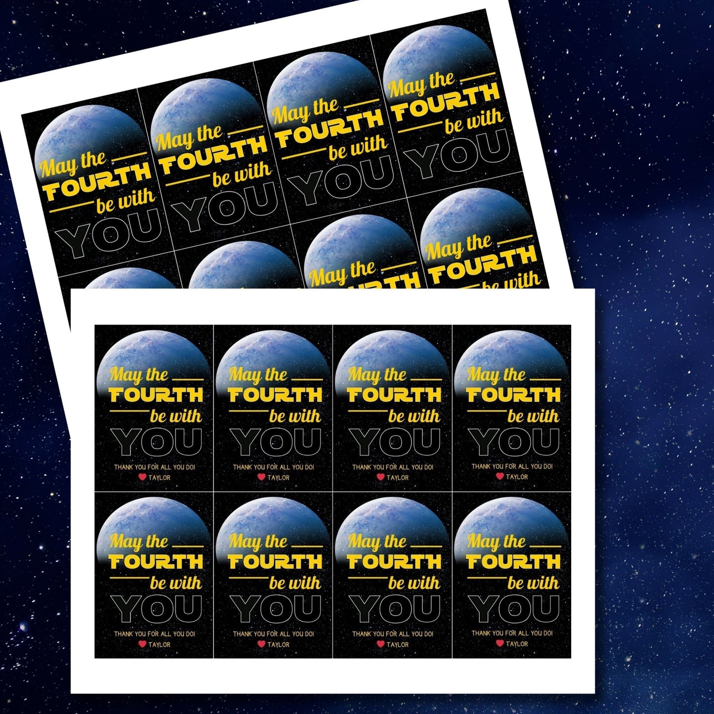 Starry space background with a vibrant Earth-like planet, featuring May the FOURTH be with YOU text for printing customizable gift tags.