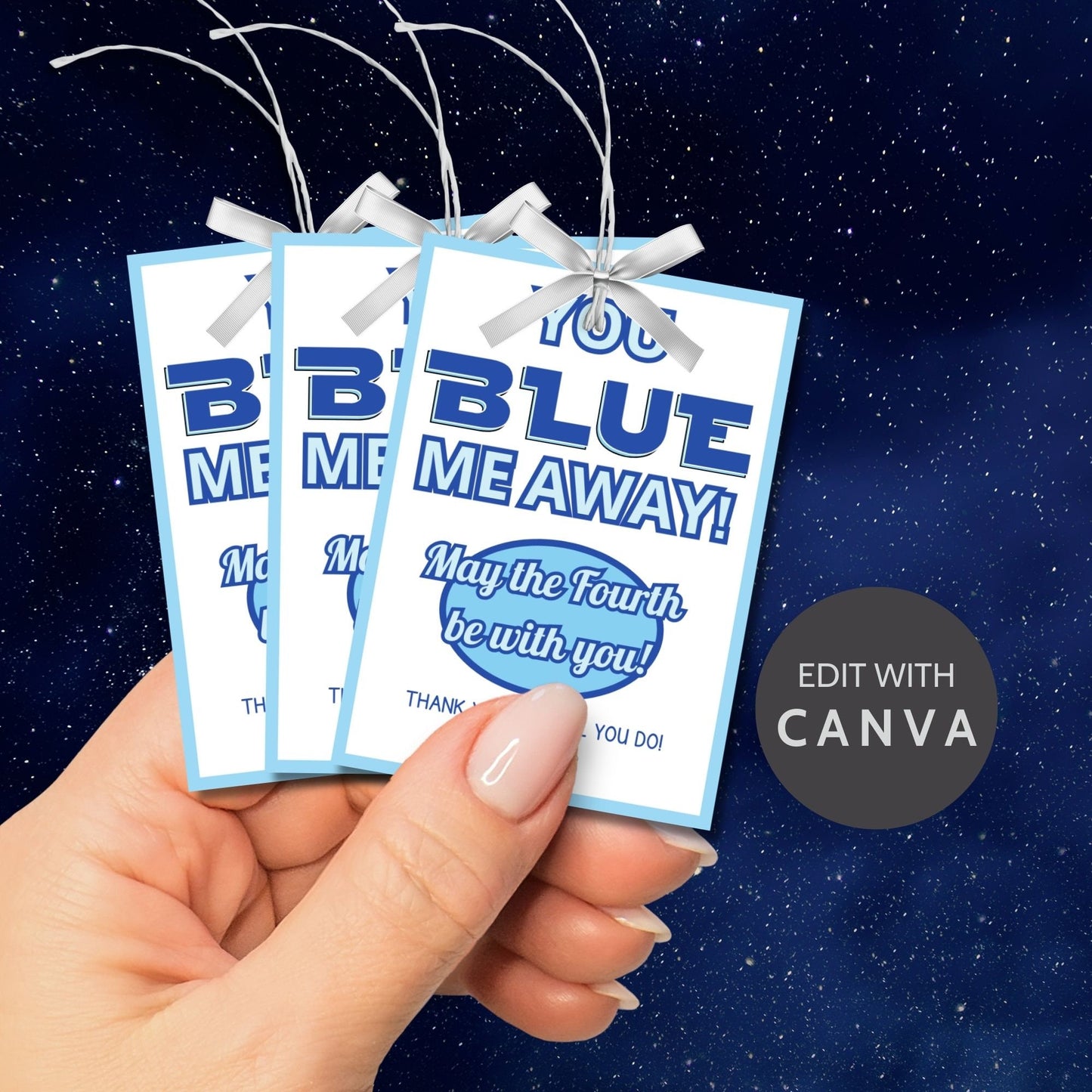 Digital gift tags featuring Bantha Blue greetings in blue hues with space theme.