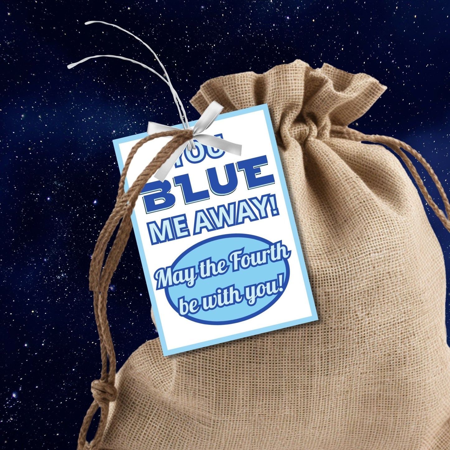 Digital gift tags featuring Bantha Blue greetings in blue hues with space theme.