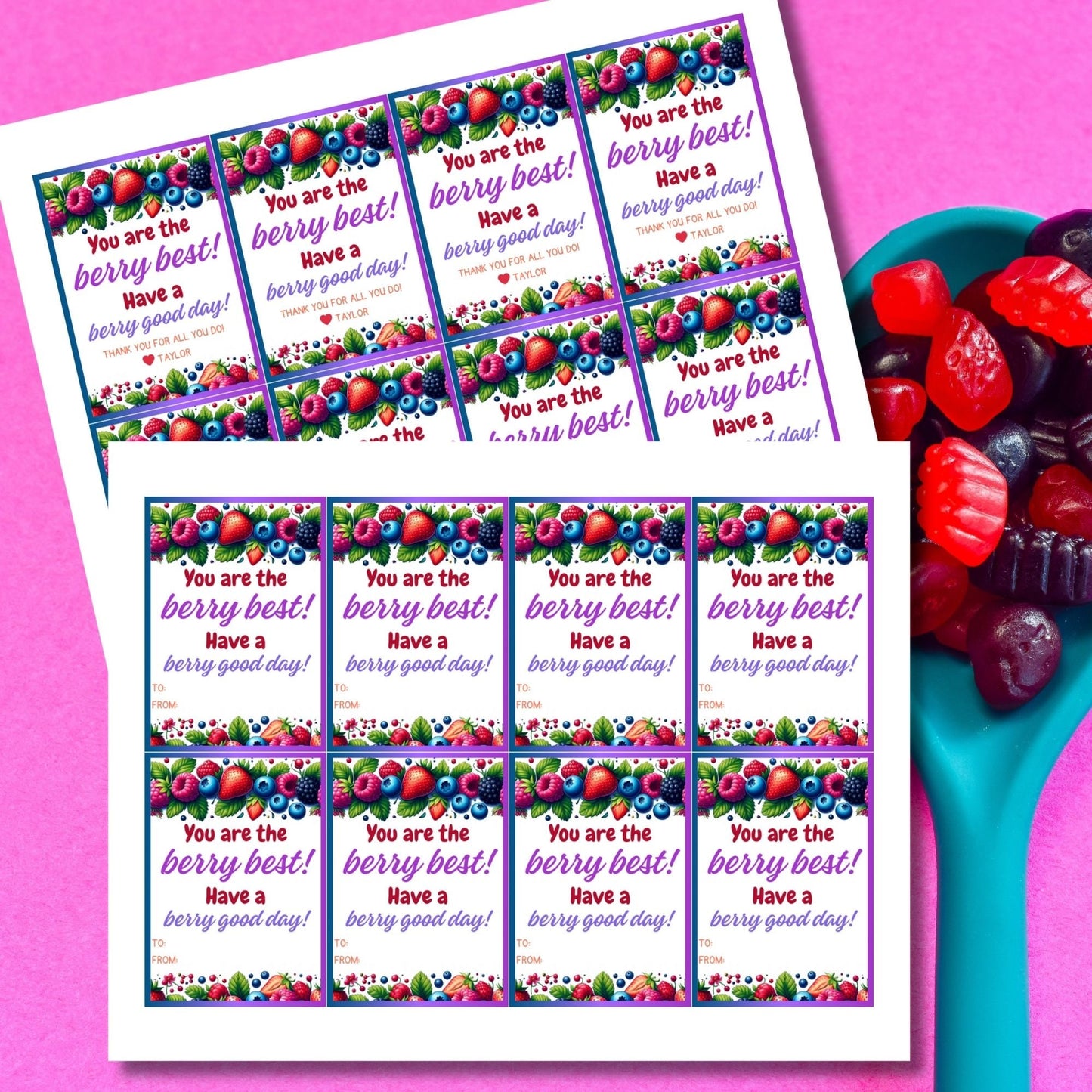 Colorful You are the berry best! Have a berry good day! gift tags with lush fruit designs, editable for a personal touch
