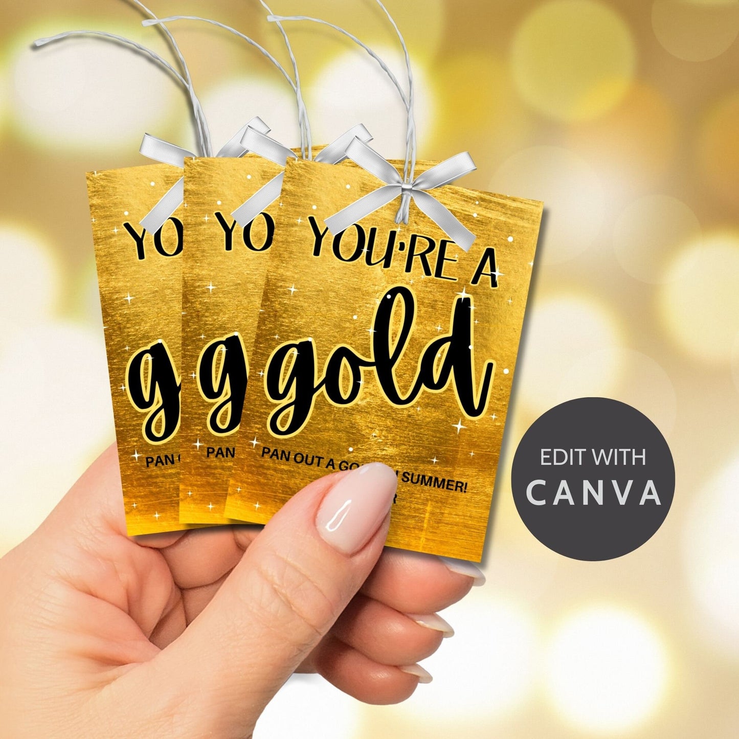 Elegant gold-themed summer gift tags featuring a shimmering background with the text Youre a Gold! Pan Out a Golden Summer! Personalize with names.