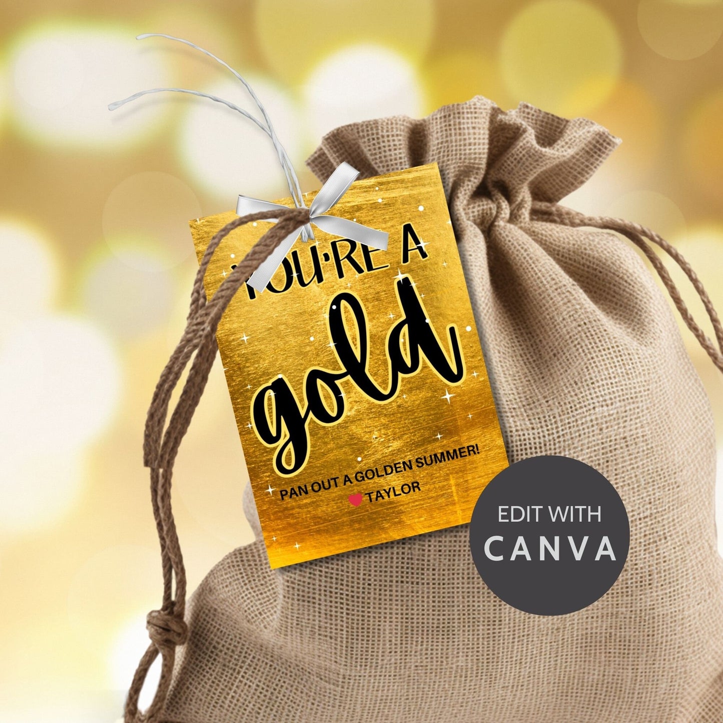 Elegant gold-themed summer gift tags featuring a shimmering background with the text Youre a Gold! Pan Out a Golden Summer! Personalize with names.
