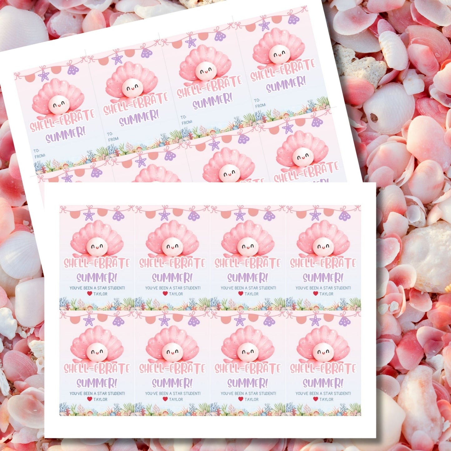 Whimsical summer gift tags featuring a cute seashell and starfish design with the text Shell-ebrate Summer! You've Been a Star Student! Personalize with names.